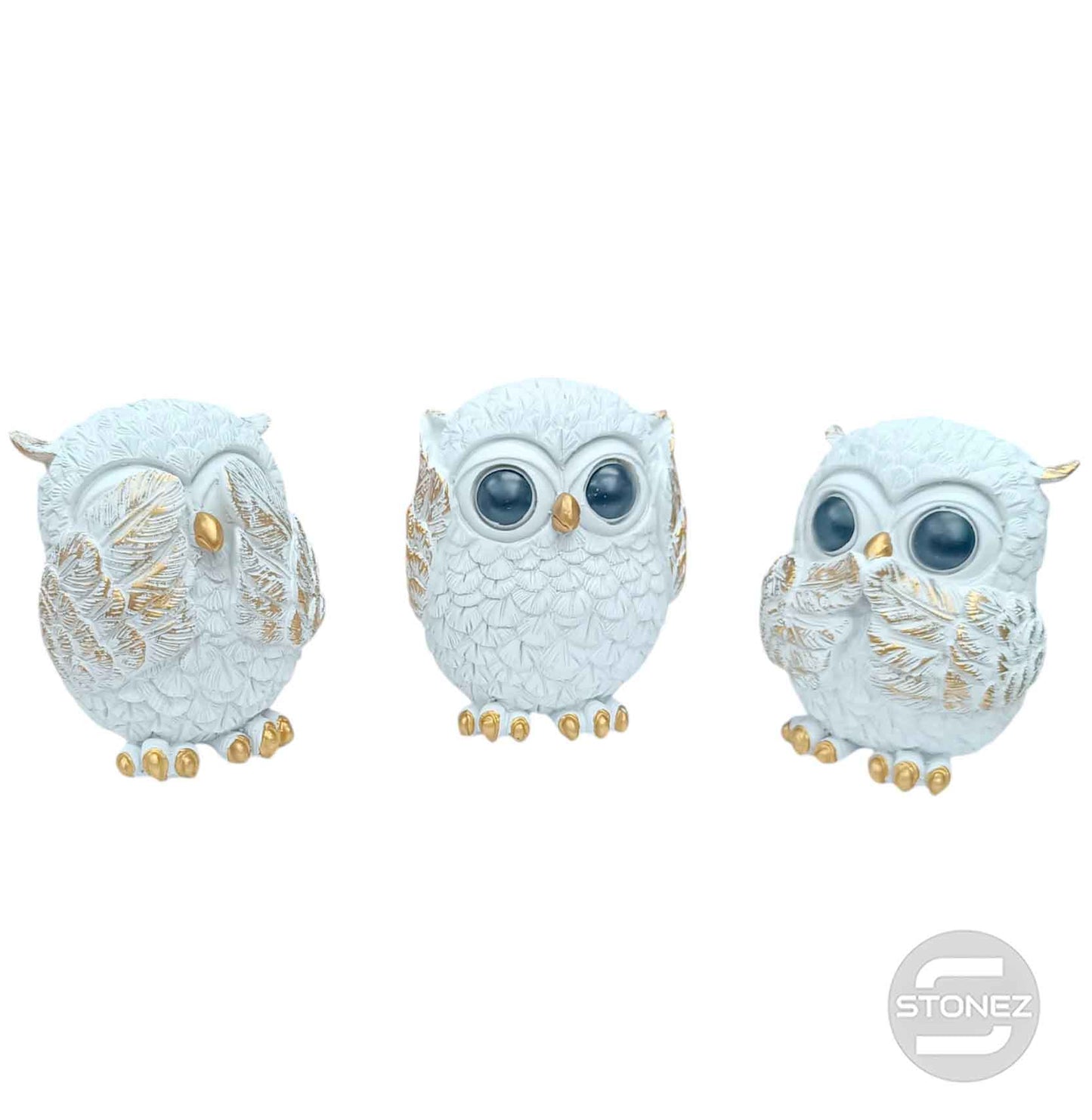 600103406 Juego Figura En Resina Buhos Ver Oir Callar 9 Cms Apox Color Blanco