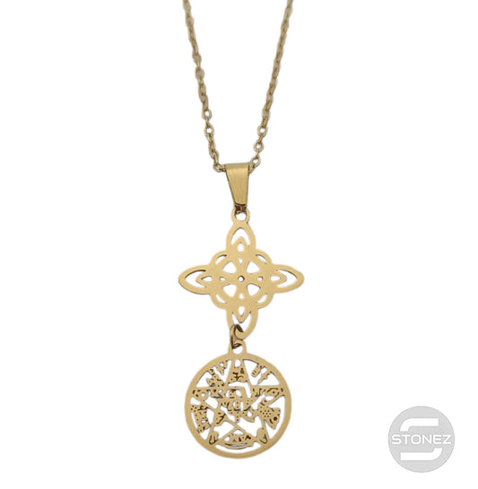 600103981 Collar Acero Dorado Doble Proteccion Nudo De Bruja Tetragramaton Cadena 42+5 Cms