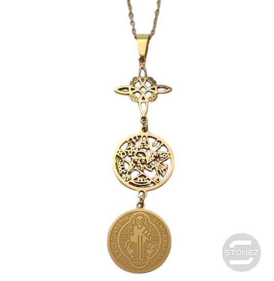 600103991 Collar Acero Dorado Triple Proteccion Nudo De Bruja Tetragramaton Y San Benito Cadena 42+5 Cms