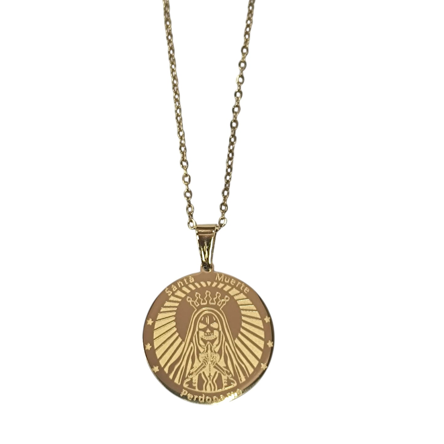 Collar Acero Dorado Santa Muerte 25 mm Cadena 42+5 Cms