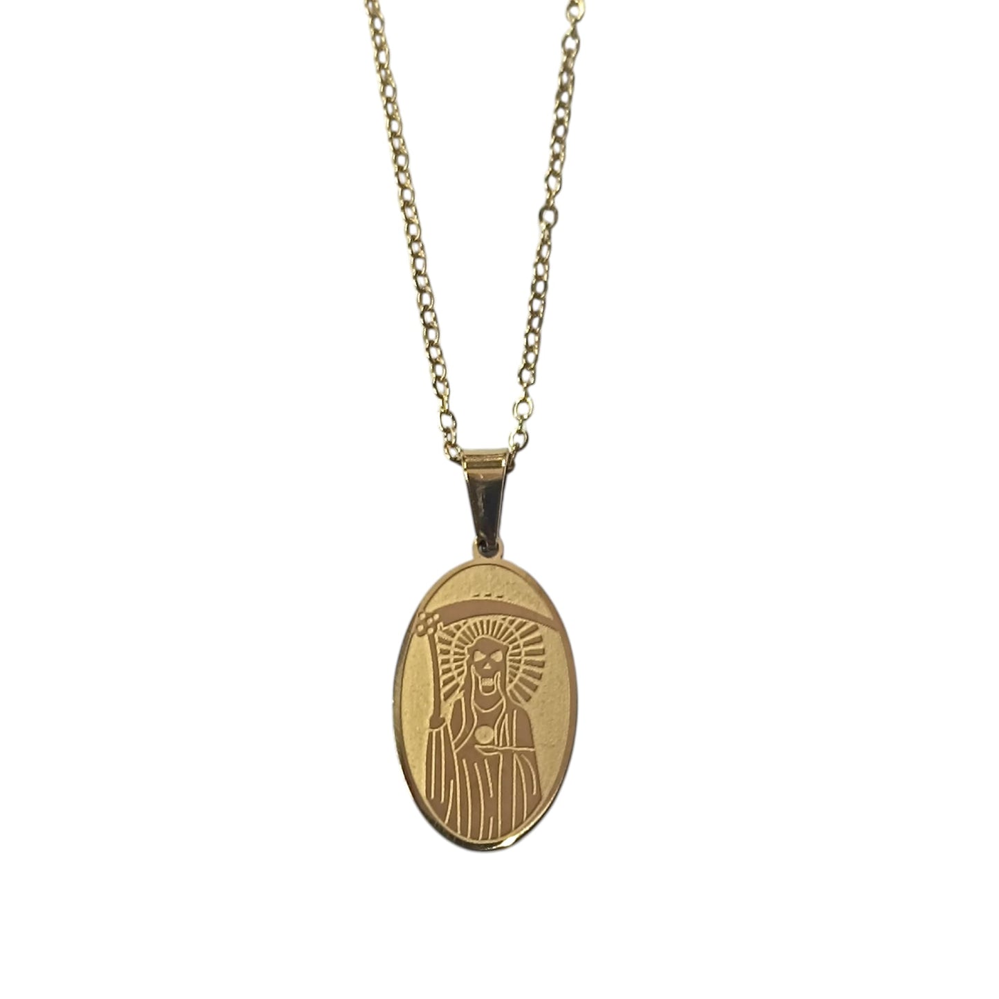 Collar Acero Dorado Santa Muerte 15x25 mm Cadena 42+5 Cms