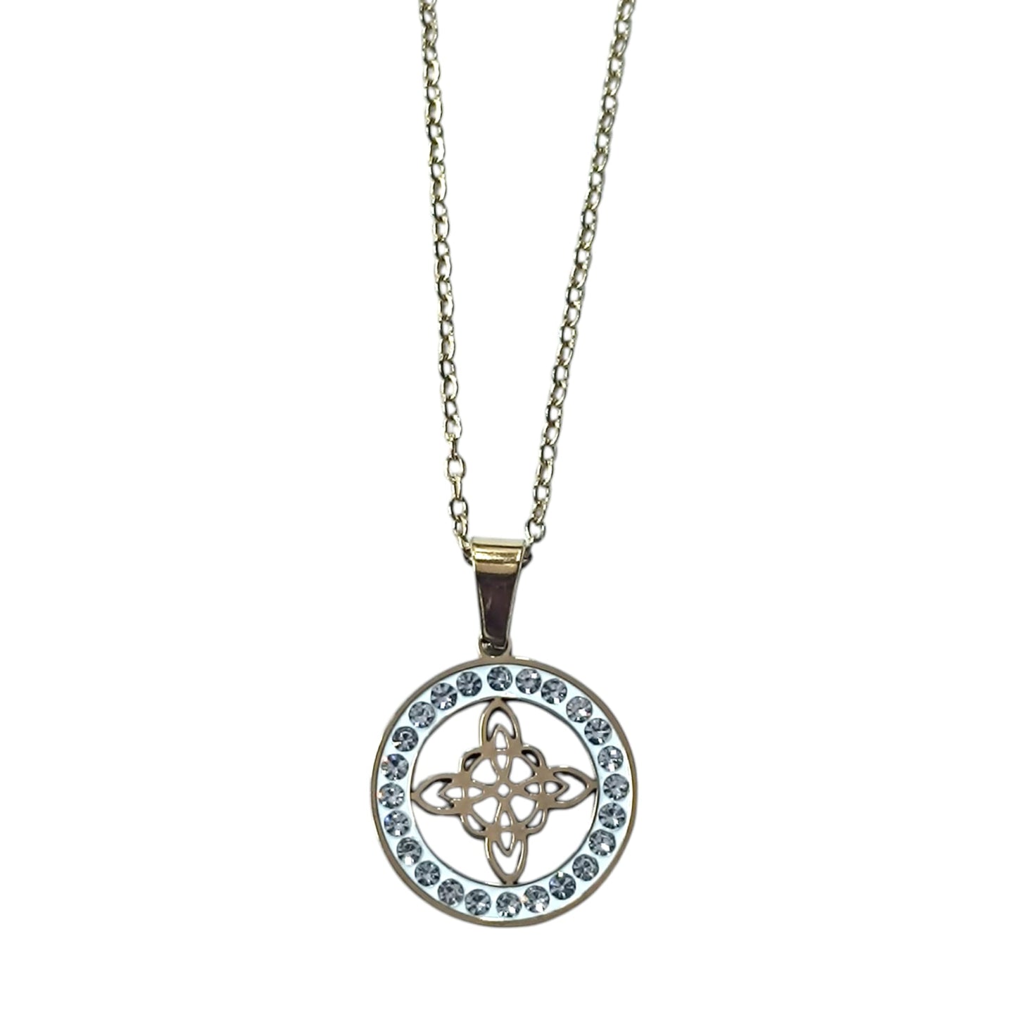Collar Acero Dorado Nudo De Bruja Con Circonita Cadena 42+5 Cms
