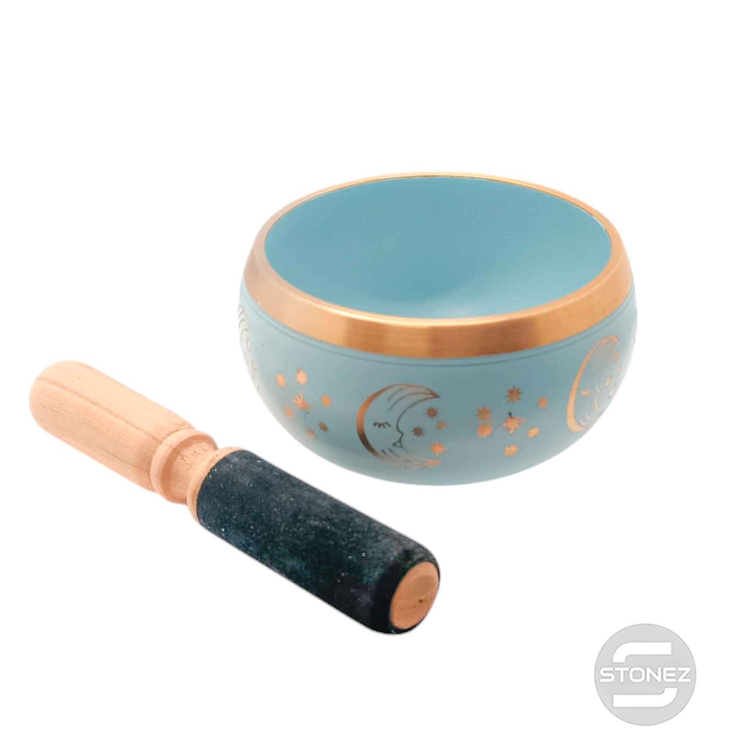 600303016 Cuenco Tibetano 4 Metales 12,5 Cms Aprox Color Celeste Grabado Sol Y Luna