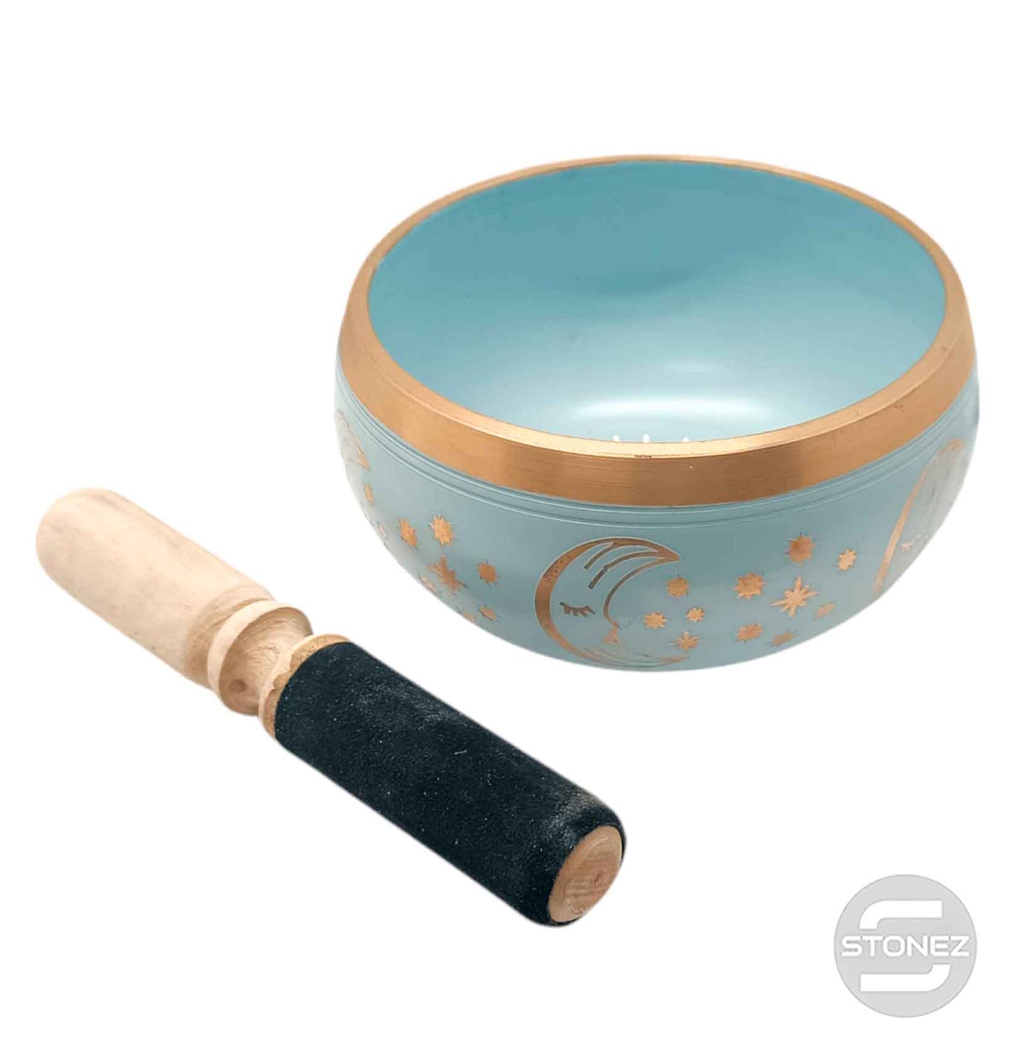 600303017 Cuenco Tibetano 4 Metales 14 Cms Aprox Color Celeste Grabado Sol Y Luna