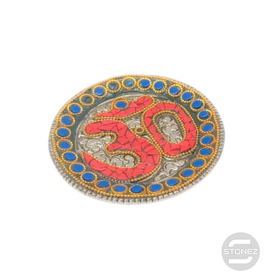 600303084 Porta Incienso Om De Metal Y Piedra Turquesina Rojo 8 Cms Aprox