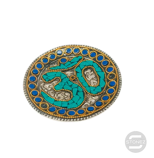 600303084 Porta Incienso Om De Metal Y Piedra Turquesina Azul 8 Cms Aprox
