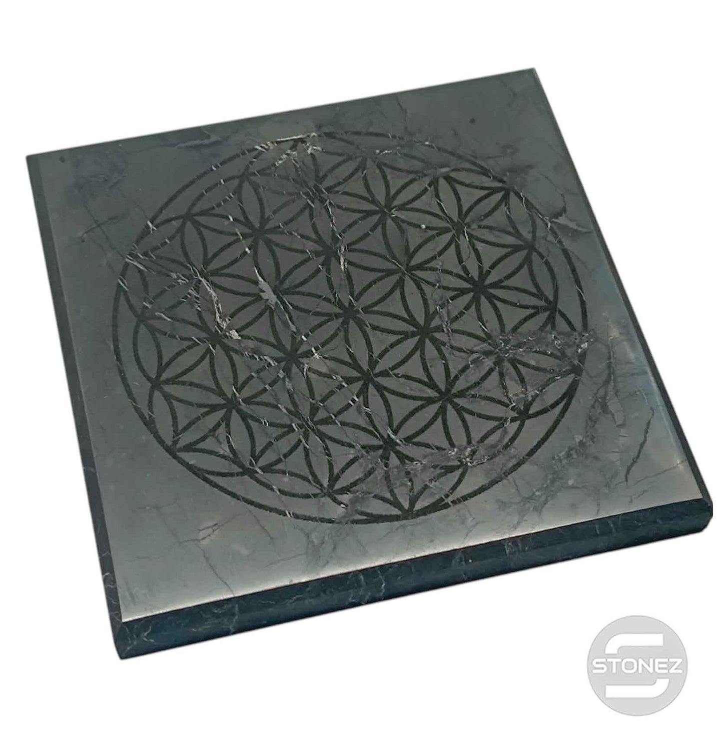 600803857-04 Base Shungita 10x10 Cms Aprox Pulido Grabado Flor de la vida
