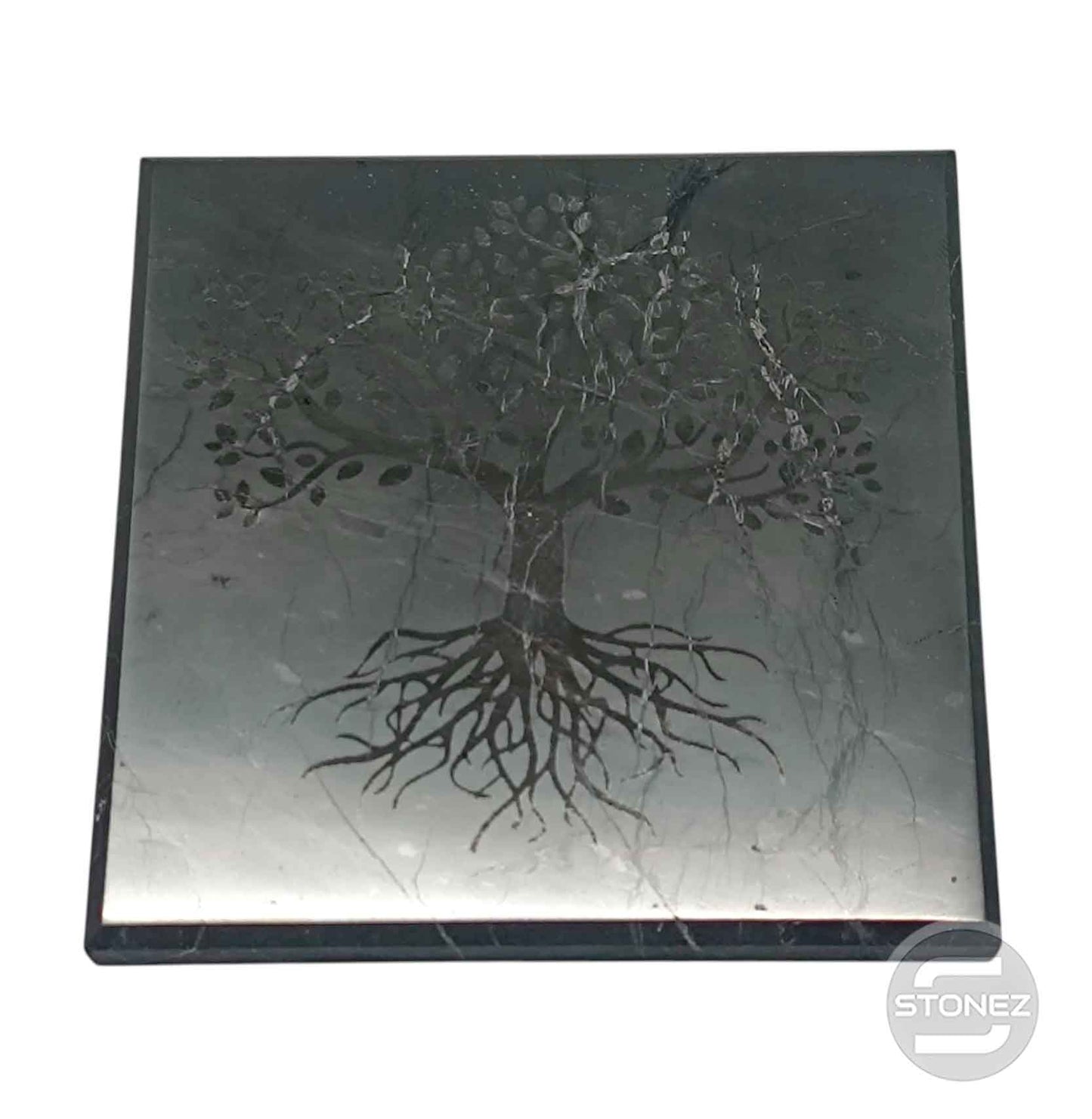 600803857-02 Base Shungita 10x10 Cms Aprox Pulido Grabado Arbol