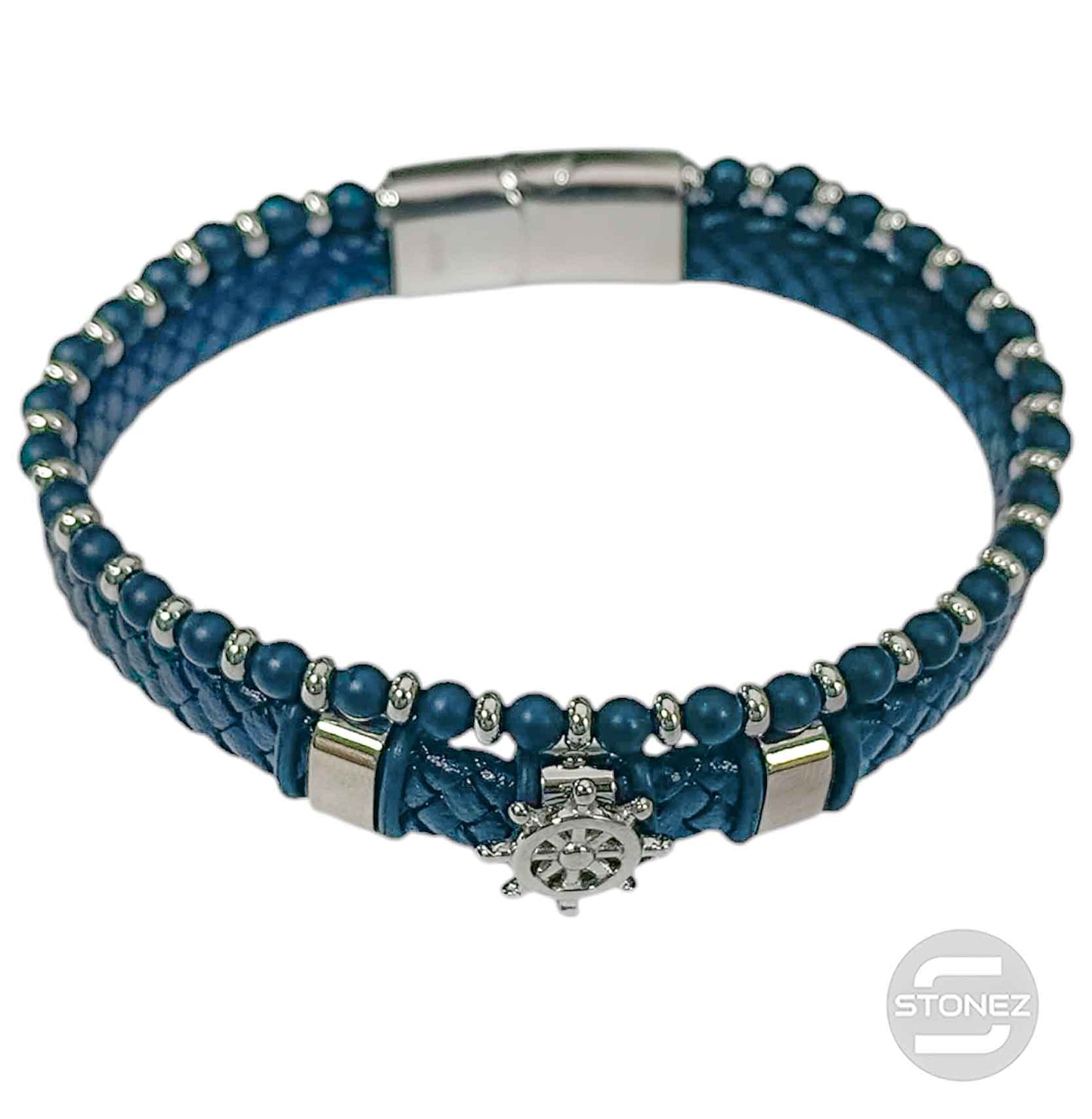 60177-05 Pulsera Acero Timón Cuero Trenzado Y Piedra 22Cms Aprox Cierre Iman