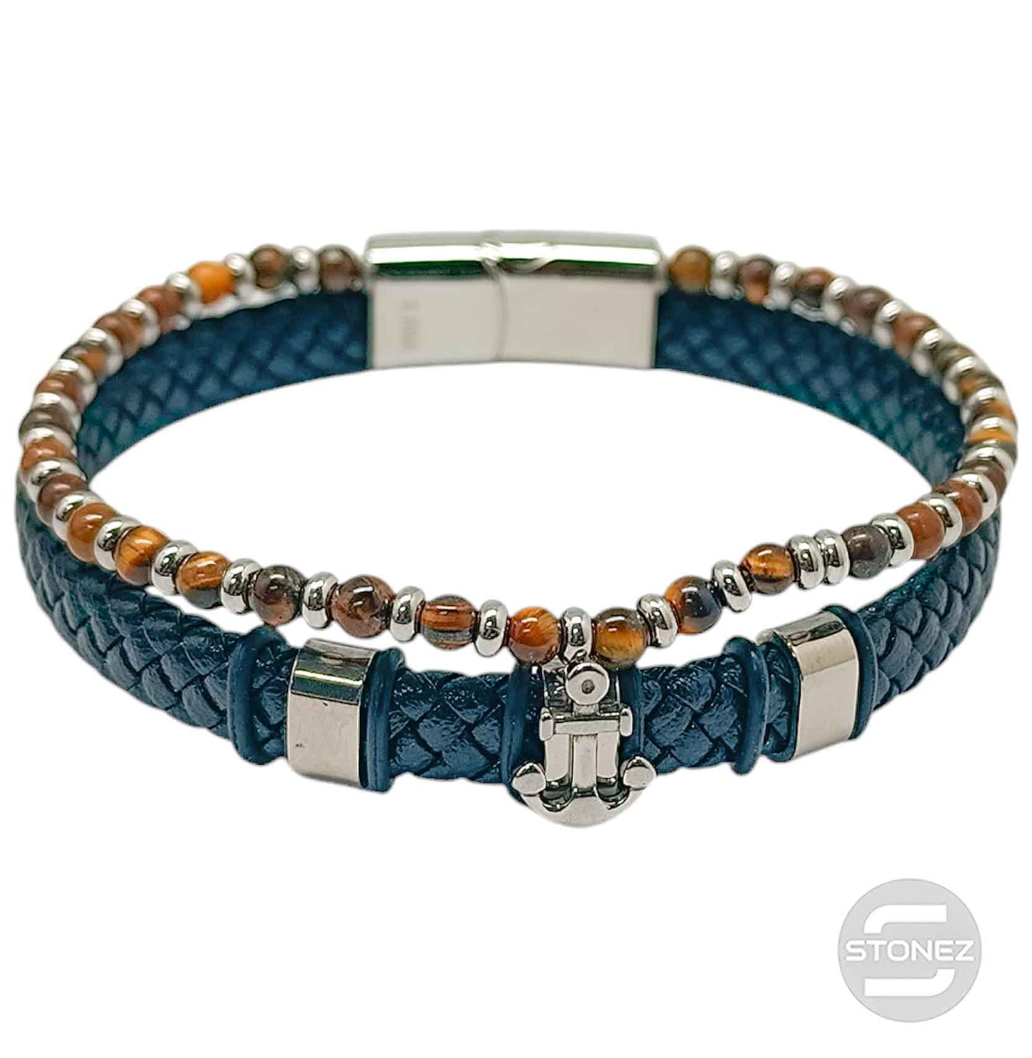 60177-08 Pulsera Acero Ancla Cuero Trenzado Y Piedra Ojo Tigre 22Cms Aprox Cierre Iman