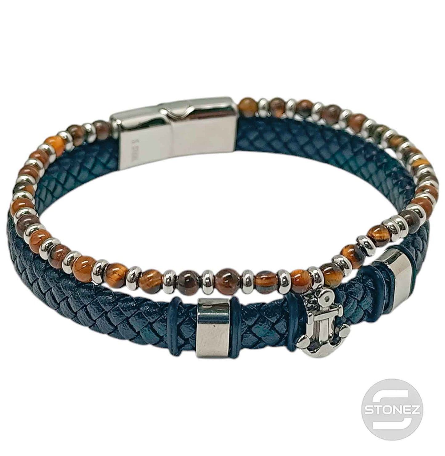 60177-08 Pulsera Acero Ancla Cuero Trenzado Y Piedra Ojo Tigre 22Cms Aprox Cierre Iman