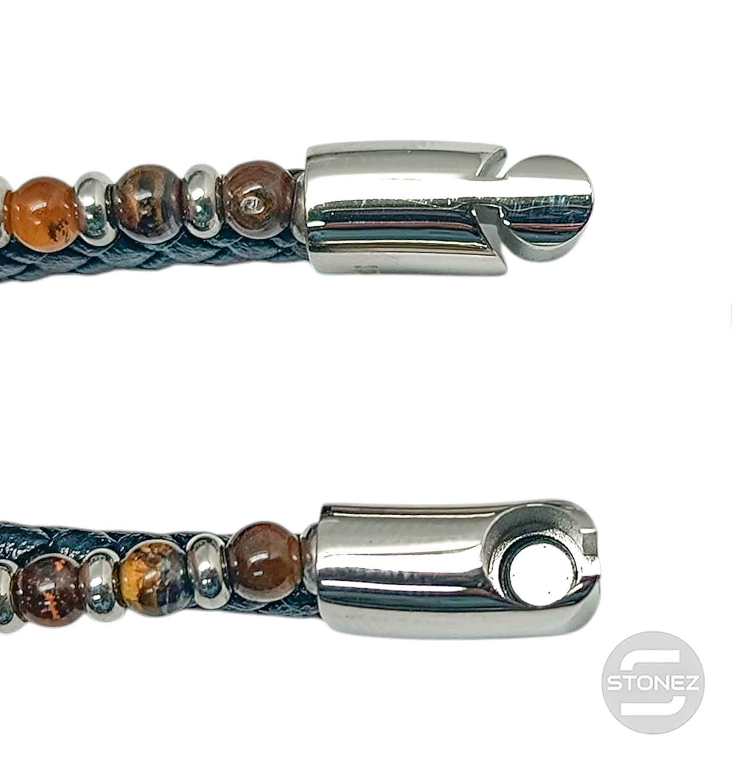 60177-08 Pulsera Acero Ancla Cuero Trenzado Y Piedra Ojo Tigre 22Cms Aprox Cierre Iman