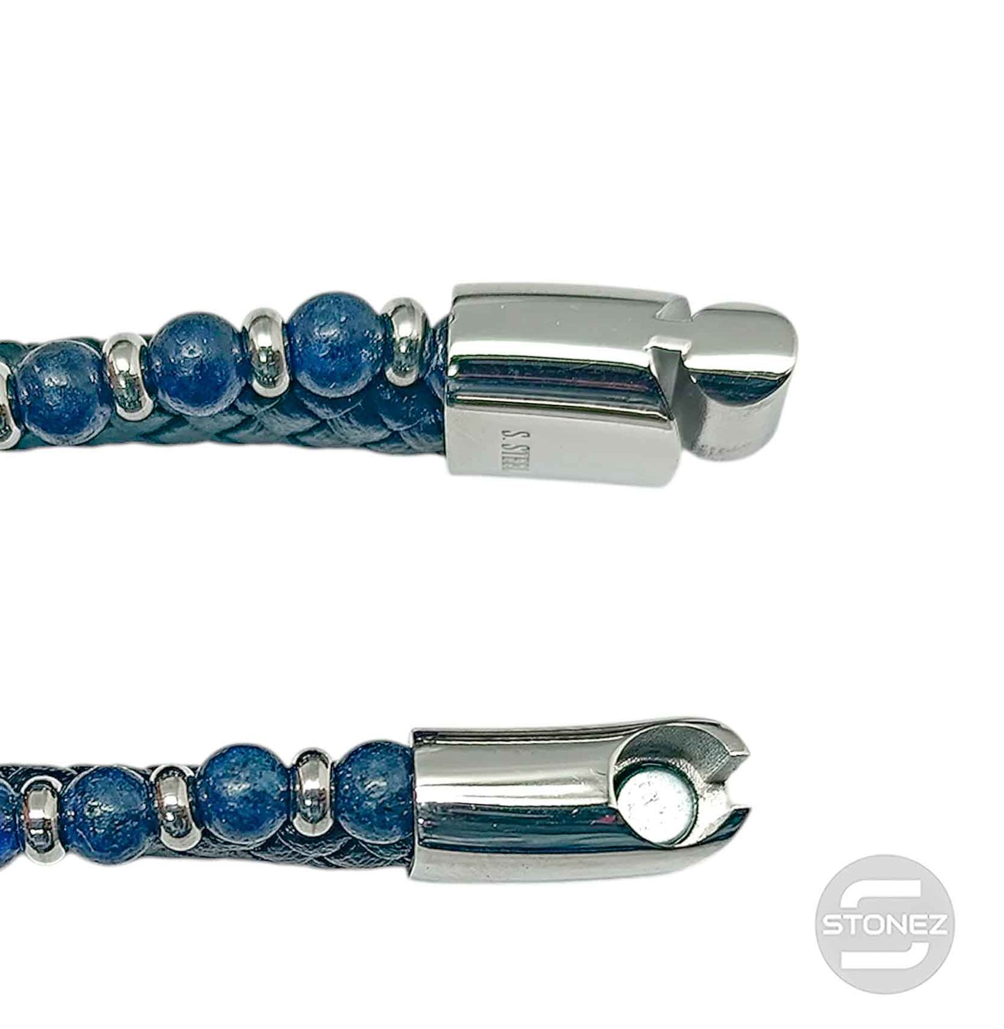 60177-09 Pulsera Acero Ancla Cuero Trenzado Y Piedra Lapislázuli 22Cms Aprox Cierre Iman