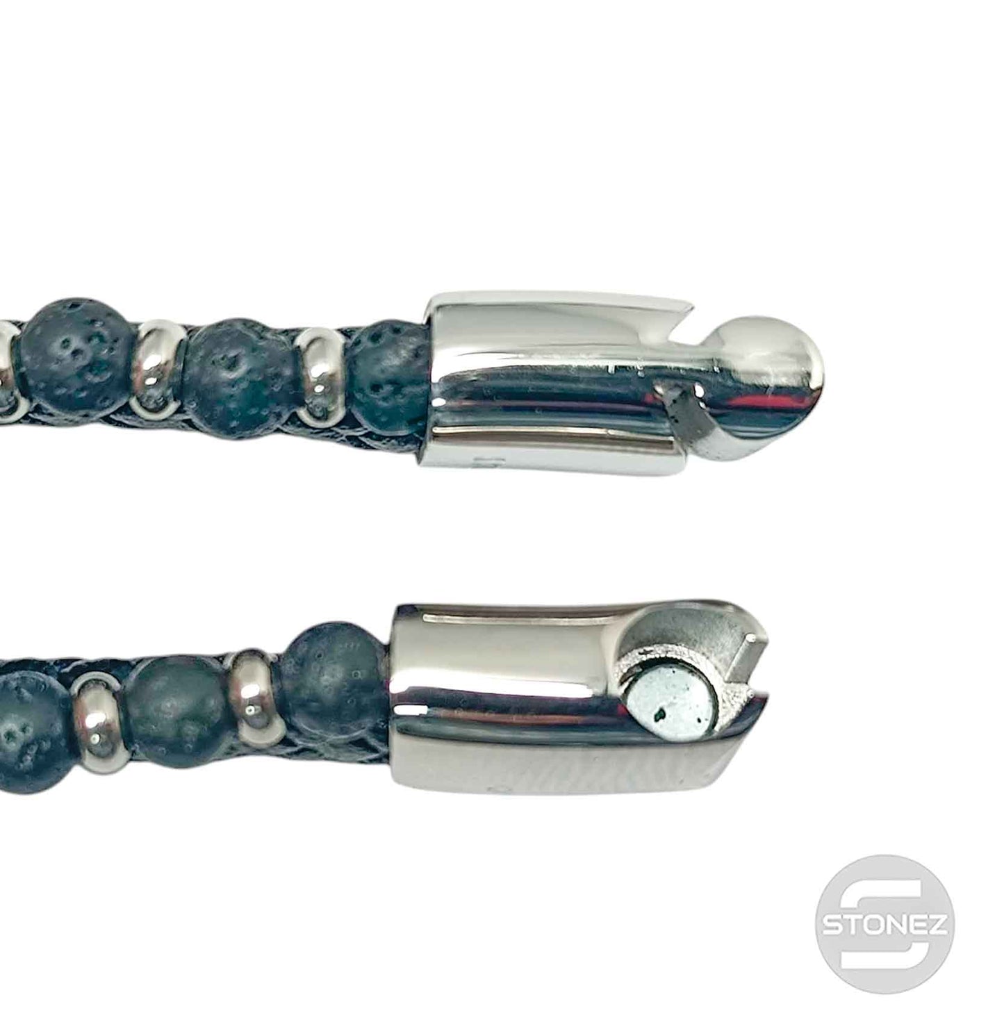 60177-13 Pulsera Acero Ancla Cuero Trenzado Y Piedra Lava 22Cms Aprox Cierre Iman