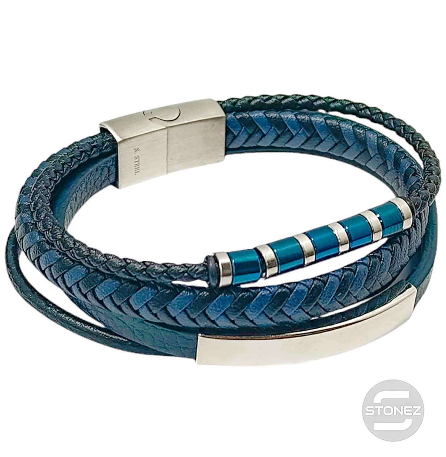 60178.10 Pulsera Acero Y Cuero Negro Y azul Oscuro Largo 22 Cms Aprox