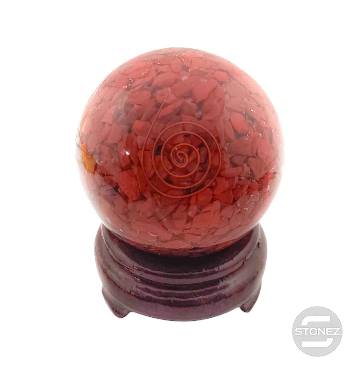 60374-15 Esfera Orgonita Con Piedra Jaspe Rojo 8 cms Aporx ( Peana No Incluido)