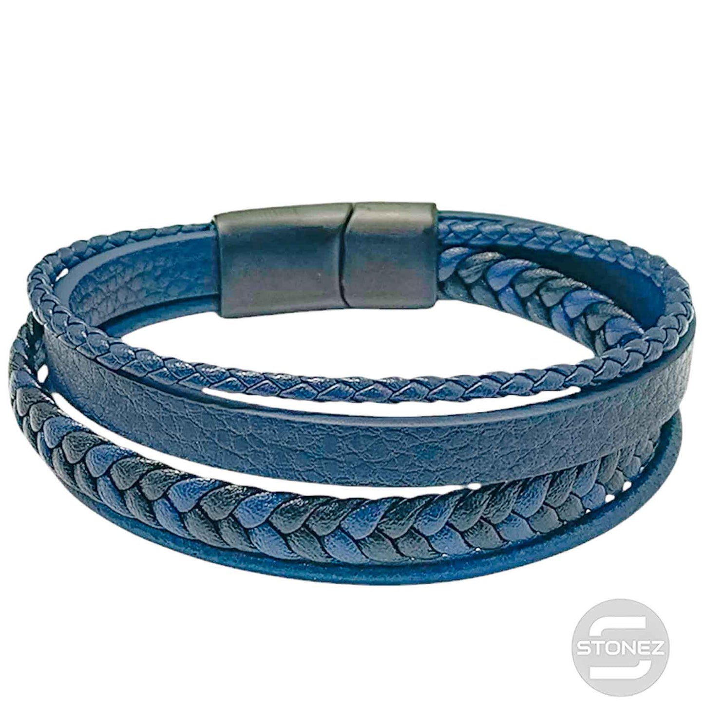 60379-60 Pulsera Acero Y Cuero Negro Y azul Oscuro Largo 22 Cms Aprox
