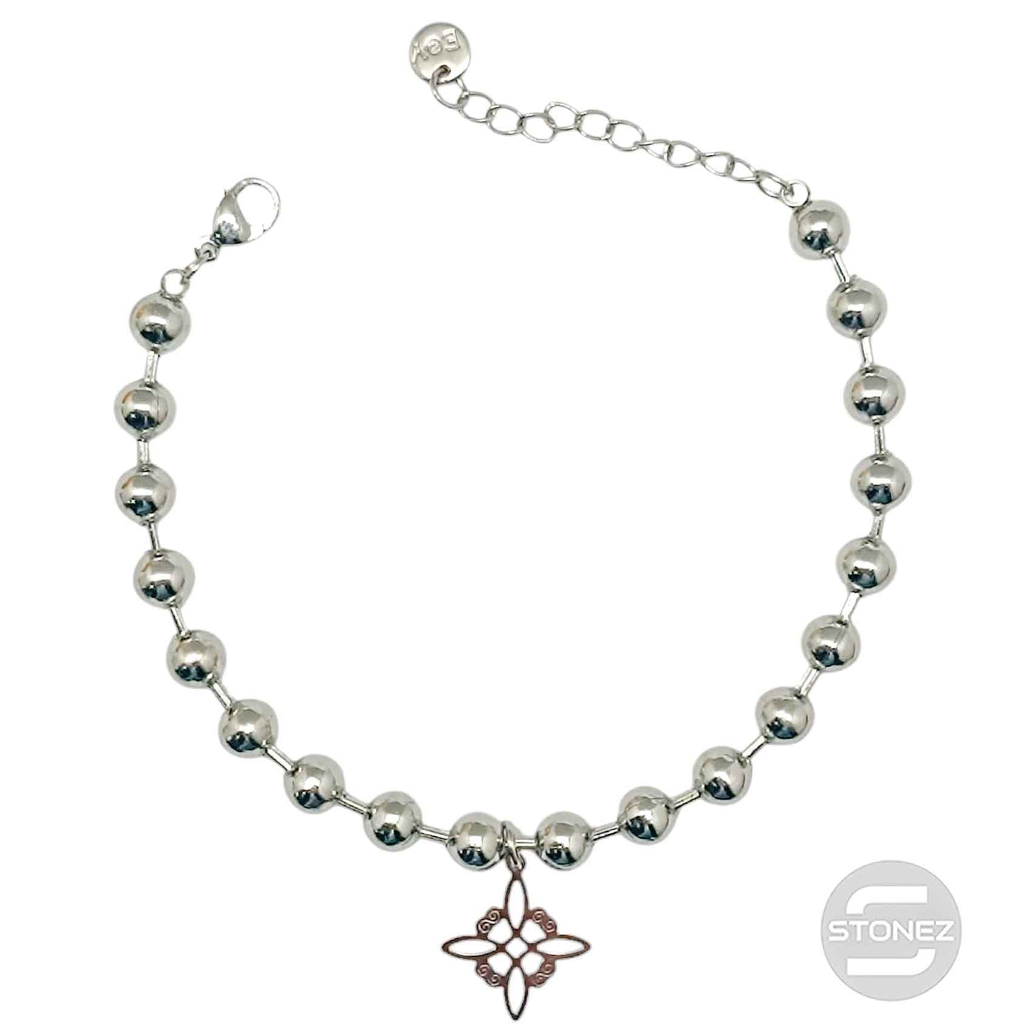 61676-07 Pulseras Acero Bolas 6 mm Dije Nudo De Bruja 17+3 cms Aprox