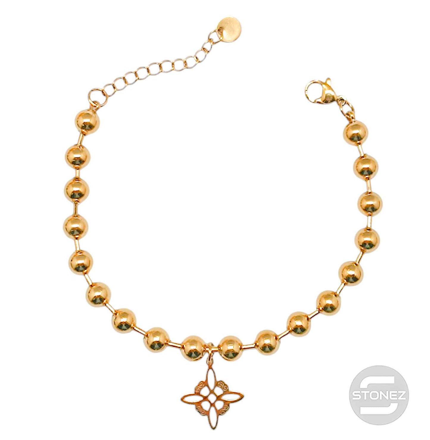 61676-08 Pulseras Acero Dorado Bolas 6 mm Dije Nudo De Bruja 17+3 cms Aprox