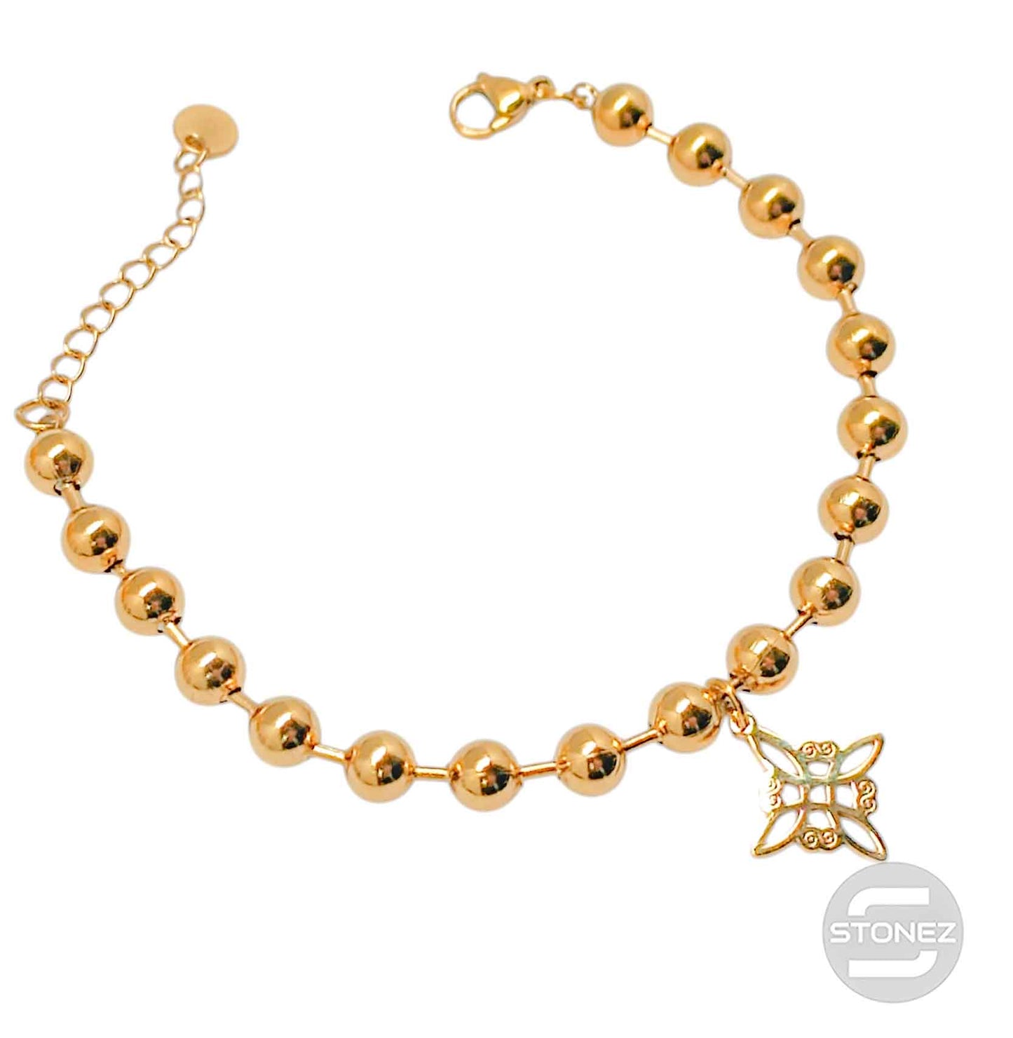 61676-08 Pulseras Acero Dorado Bolas 6 mm Dije Nudo De Bruja 17+3 cms Aprox