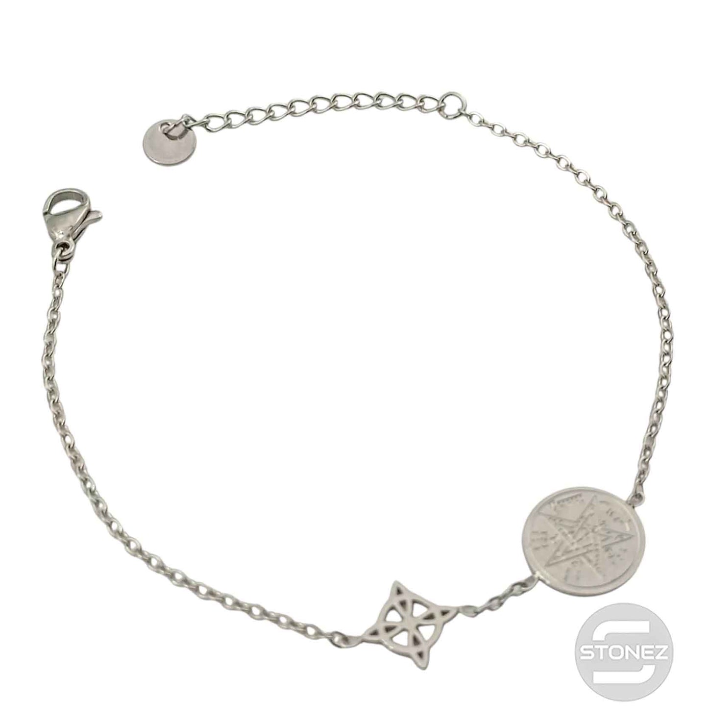 61677-01 Pulsera Acero Con Dije Nudo De Bruja y Tetragramaton