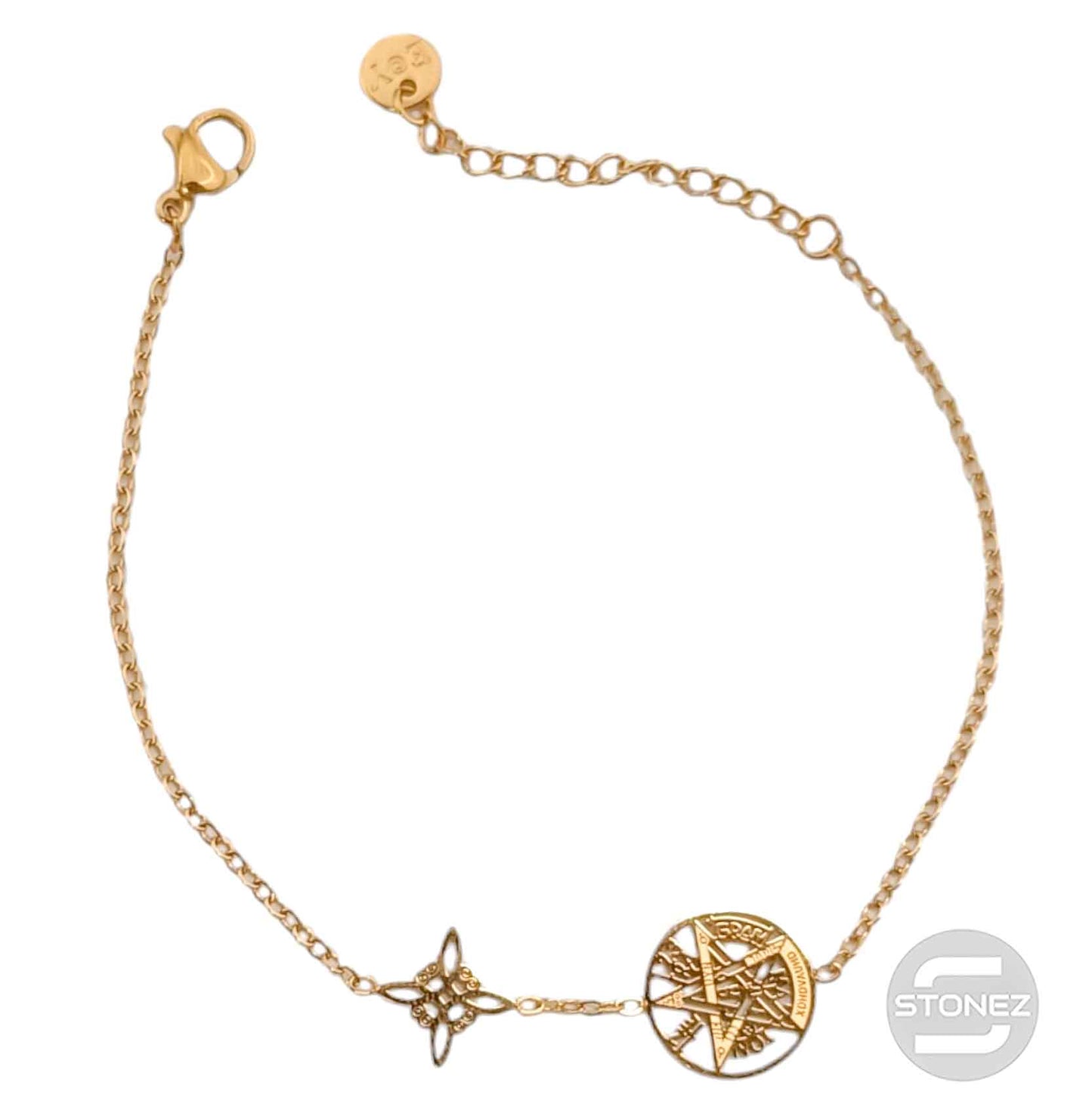 61677-06 Pulsera Acero Dorado Con Dije Nudo De Bruja y Tetragramaton