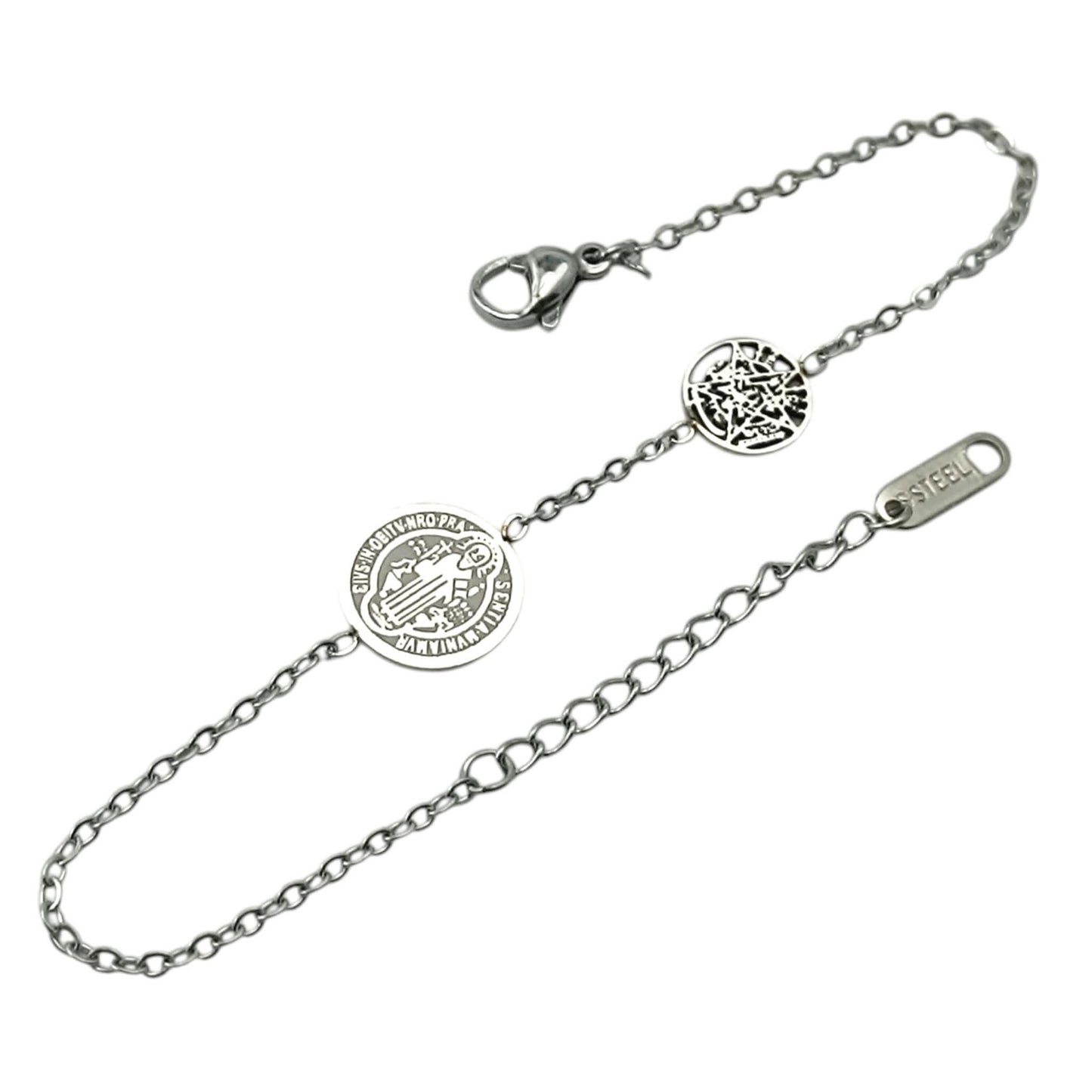Pulsera Acero Doble Proteccion Con Dije Tetragramaton Y Medalla San Benito 18cms Aprox Ref: 600104450