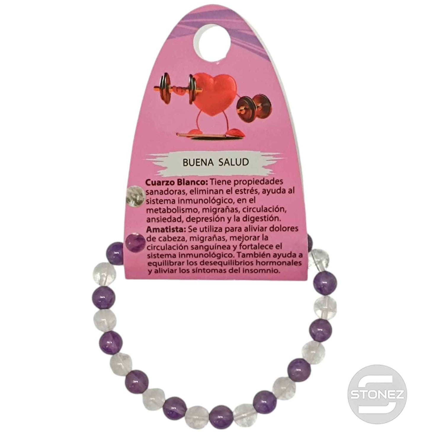 70024 Pulsera Buena Salud Combinando Cuarzo Blanco Y Amatista 6 mm - stonez