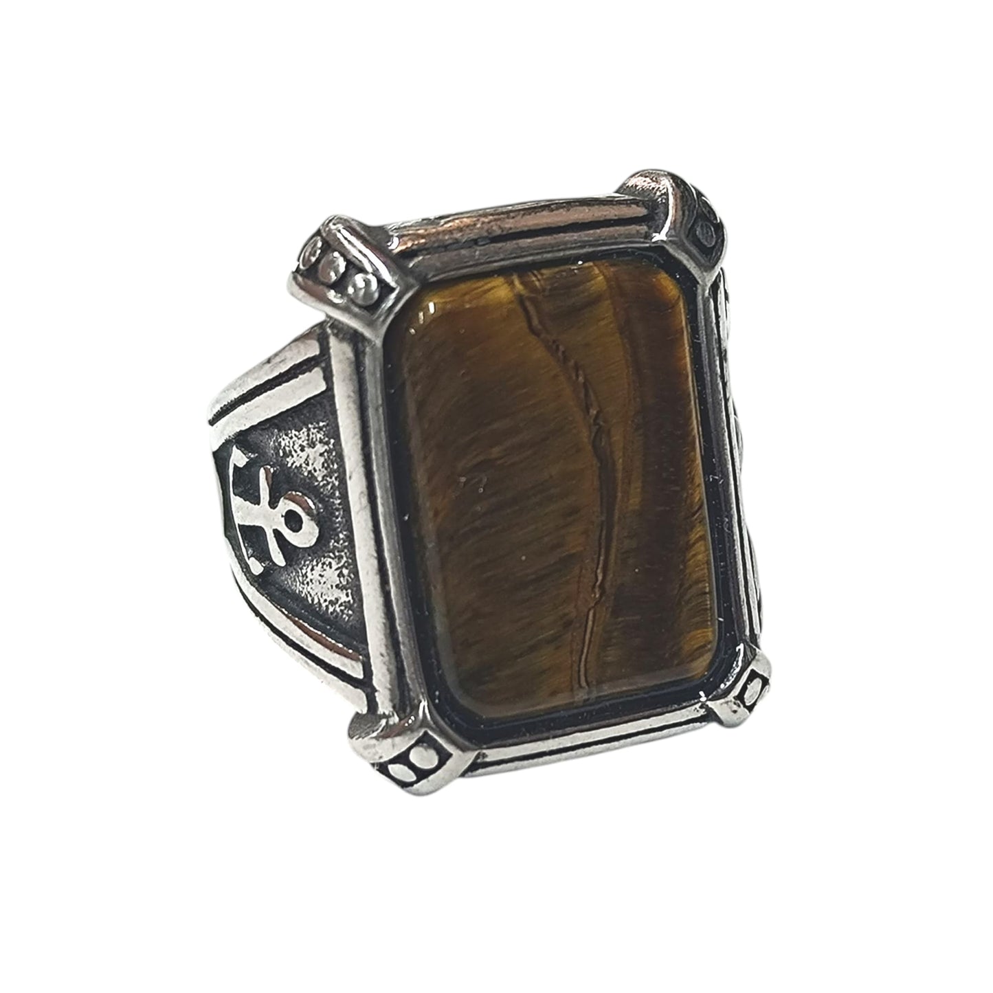 Juego 6 Anillos Acero Inoxidable Ancla Con Piedra Natural Ojo De Tigre Con Diferentes Tallas Desde T18 a T22 REF: 60503-02