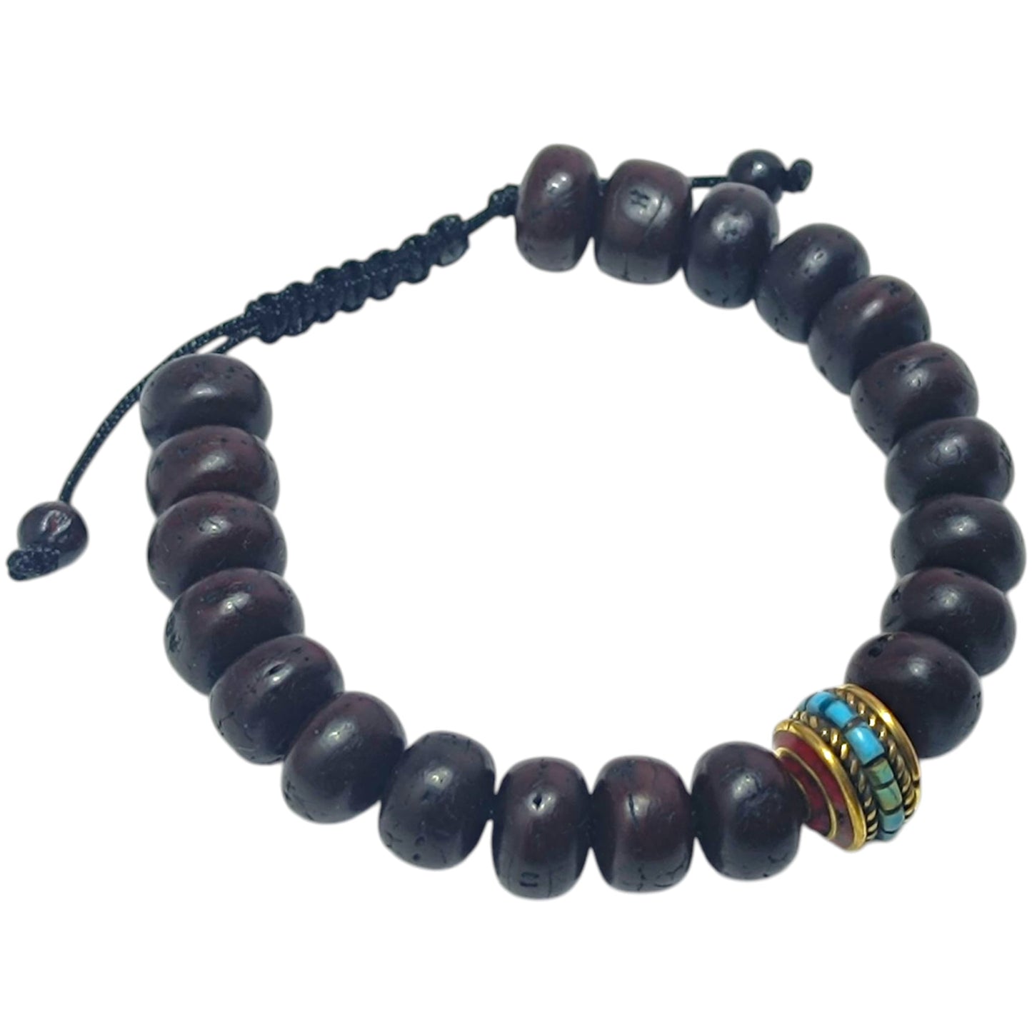 Pulsera Madera Coco Y Entrepieza Tibetana 12x7 mm Aprox (EL DIJE PUEDE LIGERAMENTE SER DIFERENTE) Ref:600404343-02