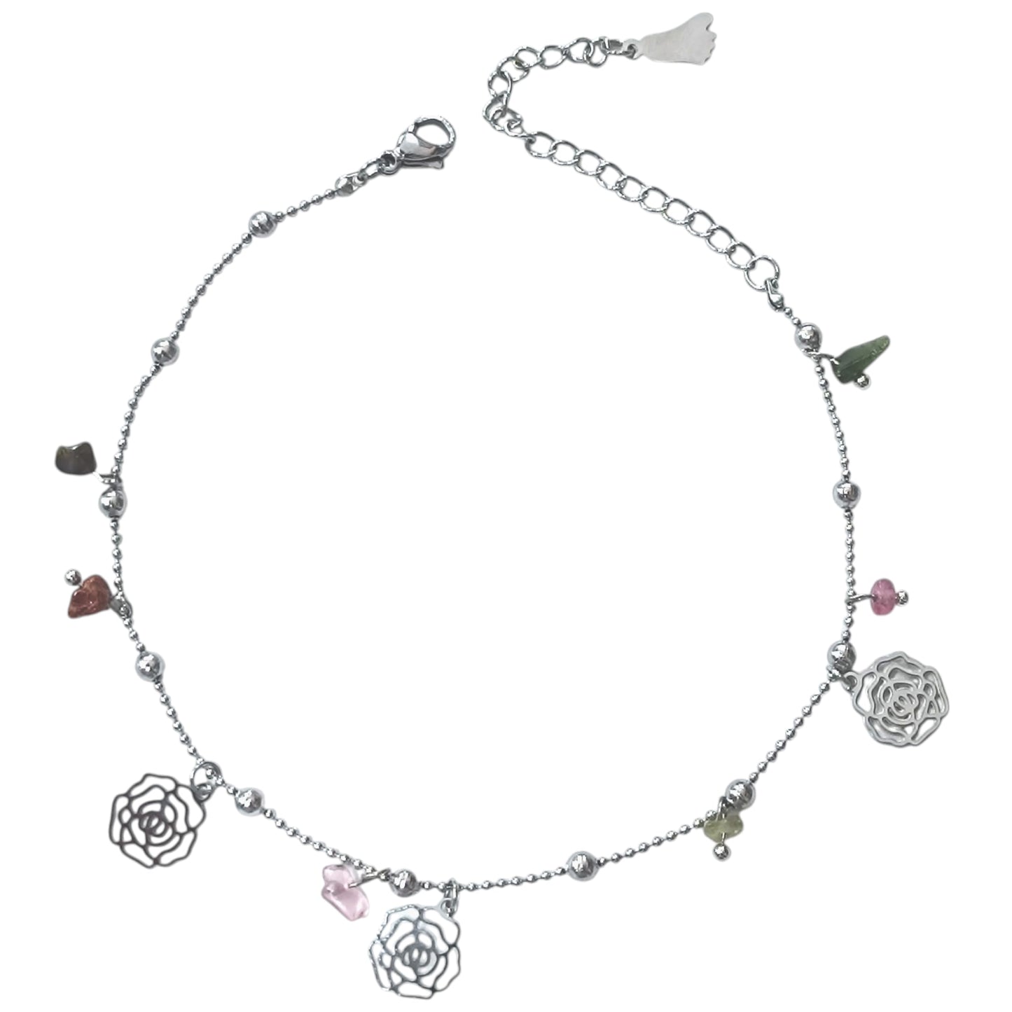 Tobillera Acero Inoxidable Con Dije Rosas Y Piedras 61055-06