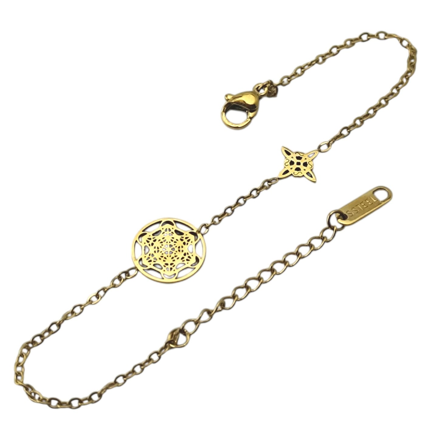 Pulsera Acero Dorado Doble Proteccion Con Dije Nudo De Bruja Y Metatron 18cms Aprox Ref: 600104459