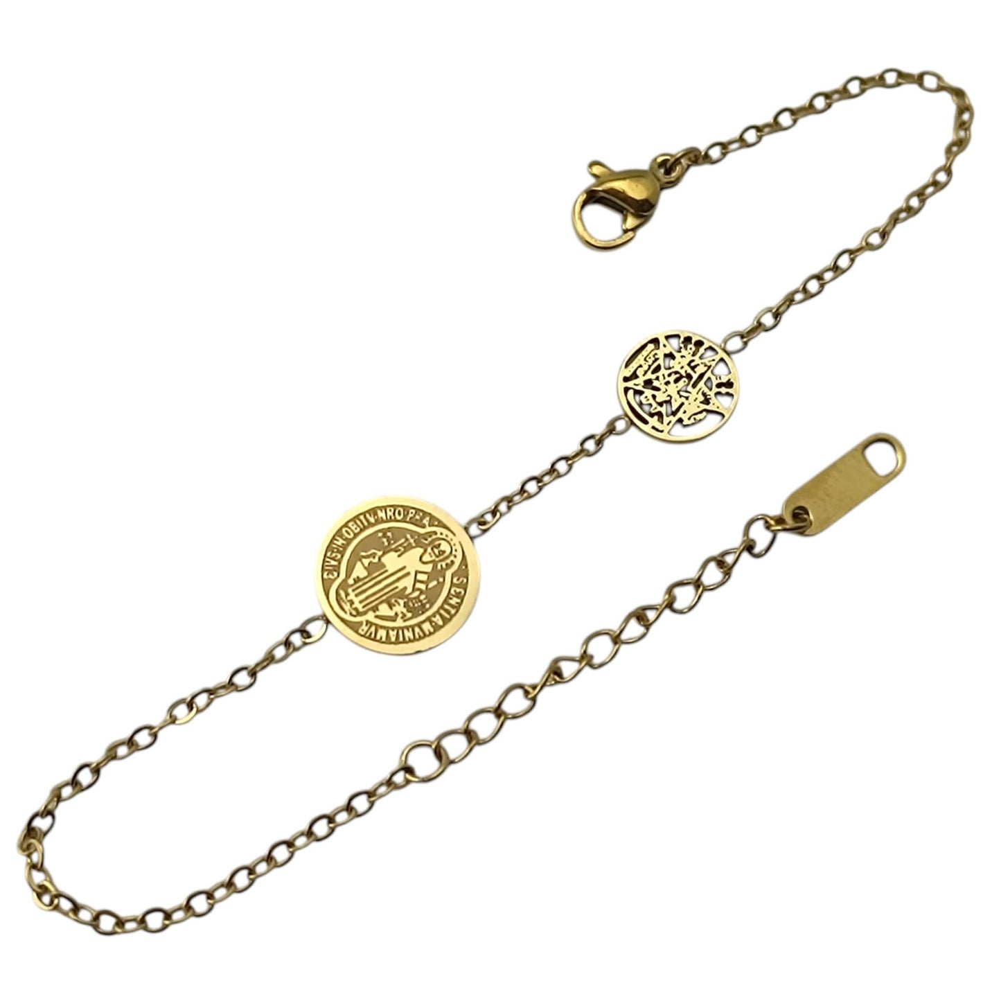 Pulsera Acero Dorado Doble Proteccion Con Dije Tetragramaton Y Medalla San Benito 18cms Aprox Ref: 600104451