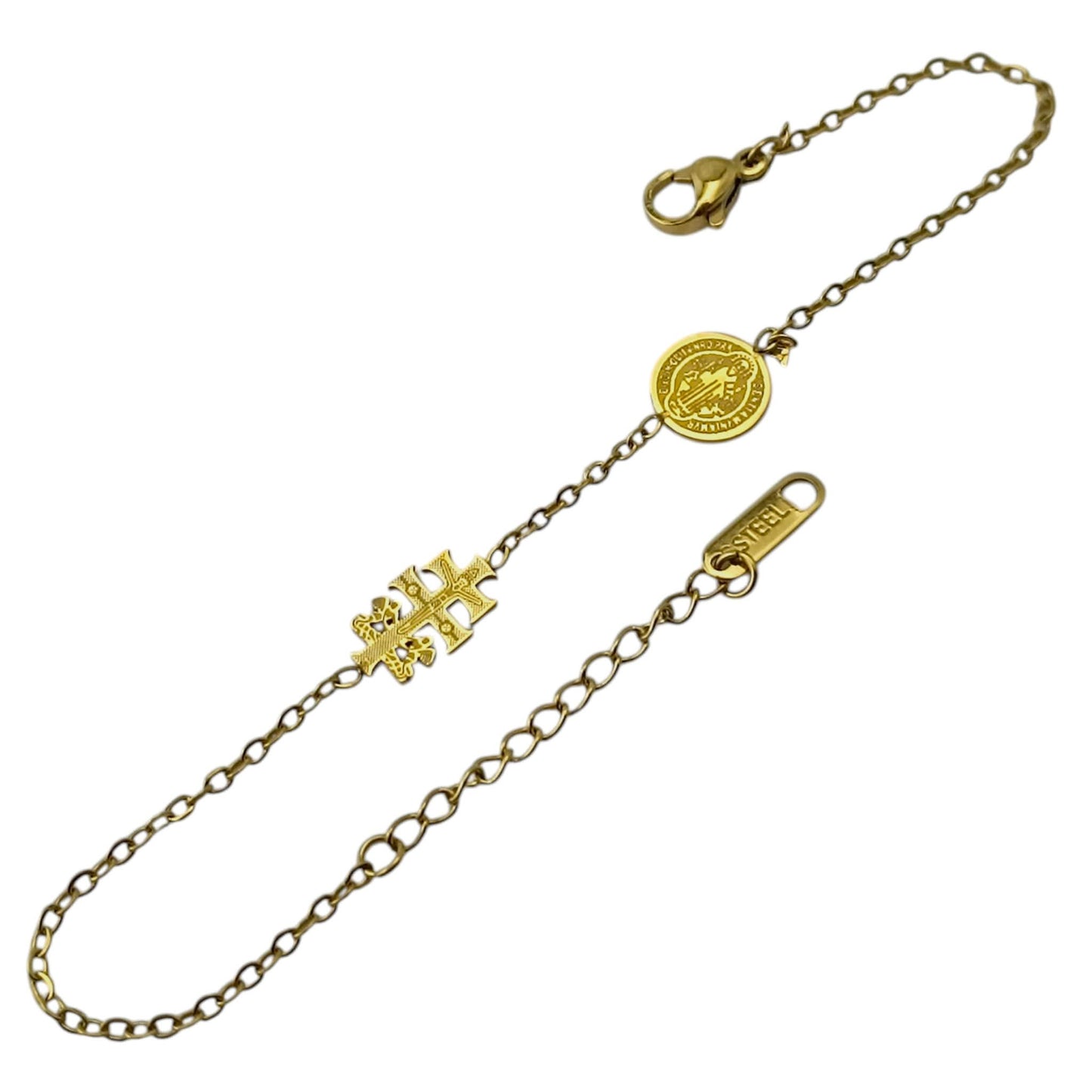 Pulsera Acero Dorado Doble Proteccion Con Dije Cruz Caravaca Y San Benito Largo 18cms Aprox Ref: 600104453