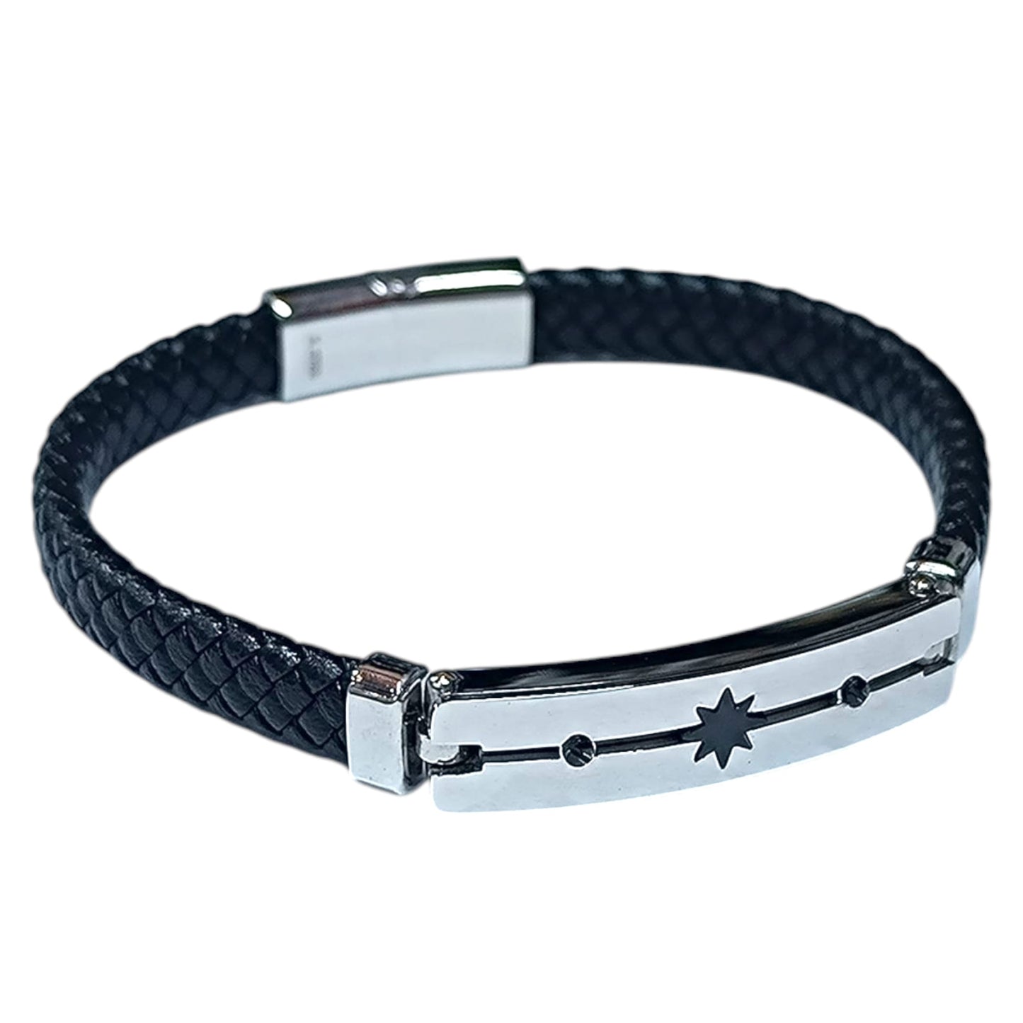 Pulsera Acero Y Cuero Estrella Largo 22 Cms Aprox 60438-08