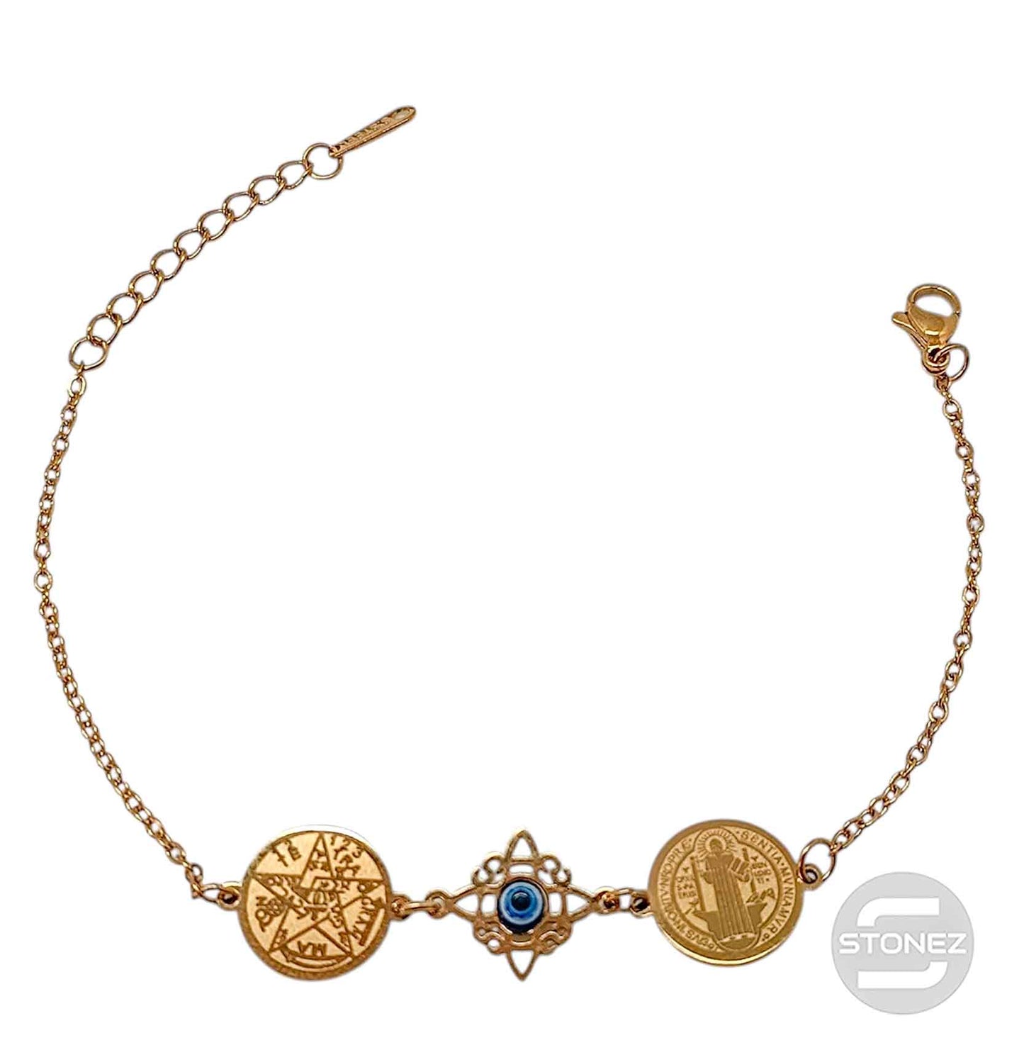 Pulsera Acero Dorado Triple Proteccion Con Dije Nudo De Bruja Ojo Turco Tetragramaton Y San Benito