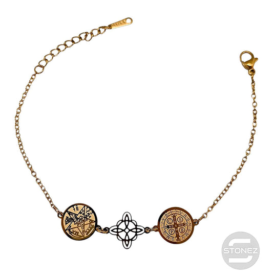 Pulsera Acero Dorado Triple Proteccion Con Dije Nudo De Bruja Tetragramaton Y San Benito