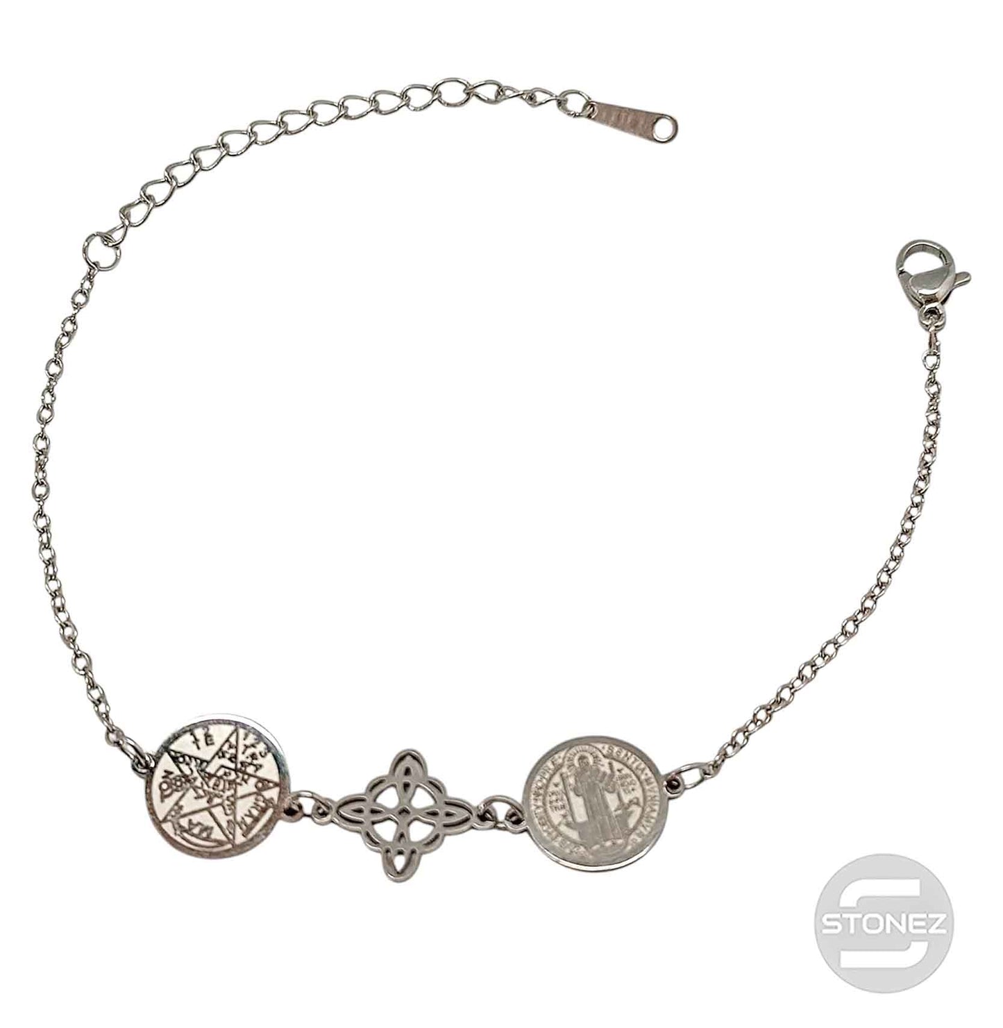 Pulsera Acero Triple Proteccion Con Dije Nudo De Bruja Tetragramaton Y San Benito
