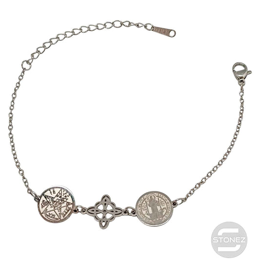 Pulsera Acero Triple Proteccion Con Dije Nudo De Bruja Tetragramaton Y San Benito