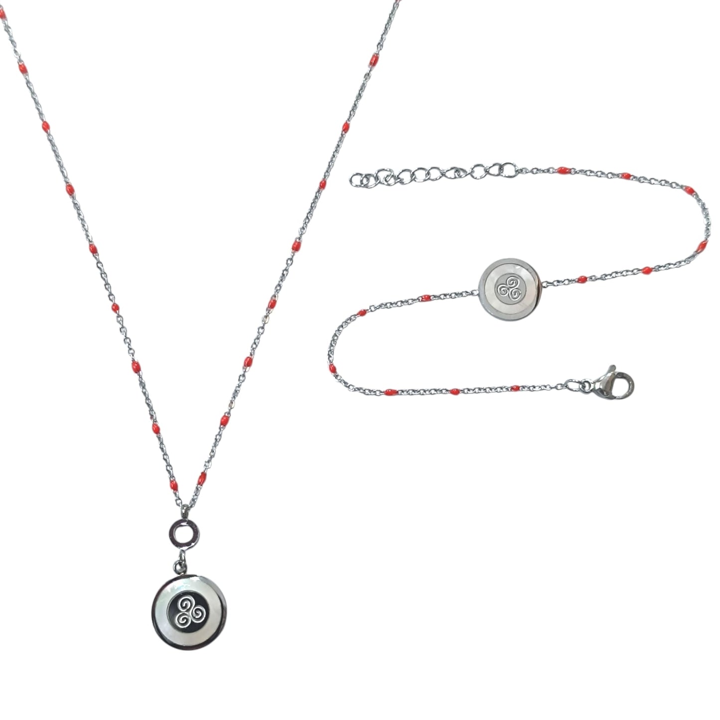 Juego Collar Y Pulsera Acero Simbolo Trisquel Con Nacar REF 60241-23