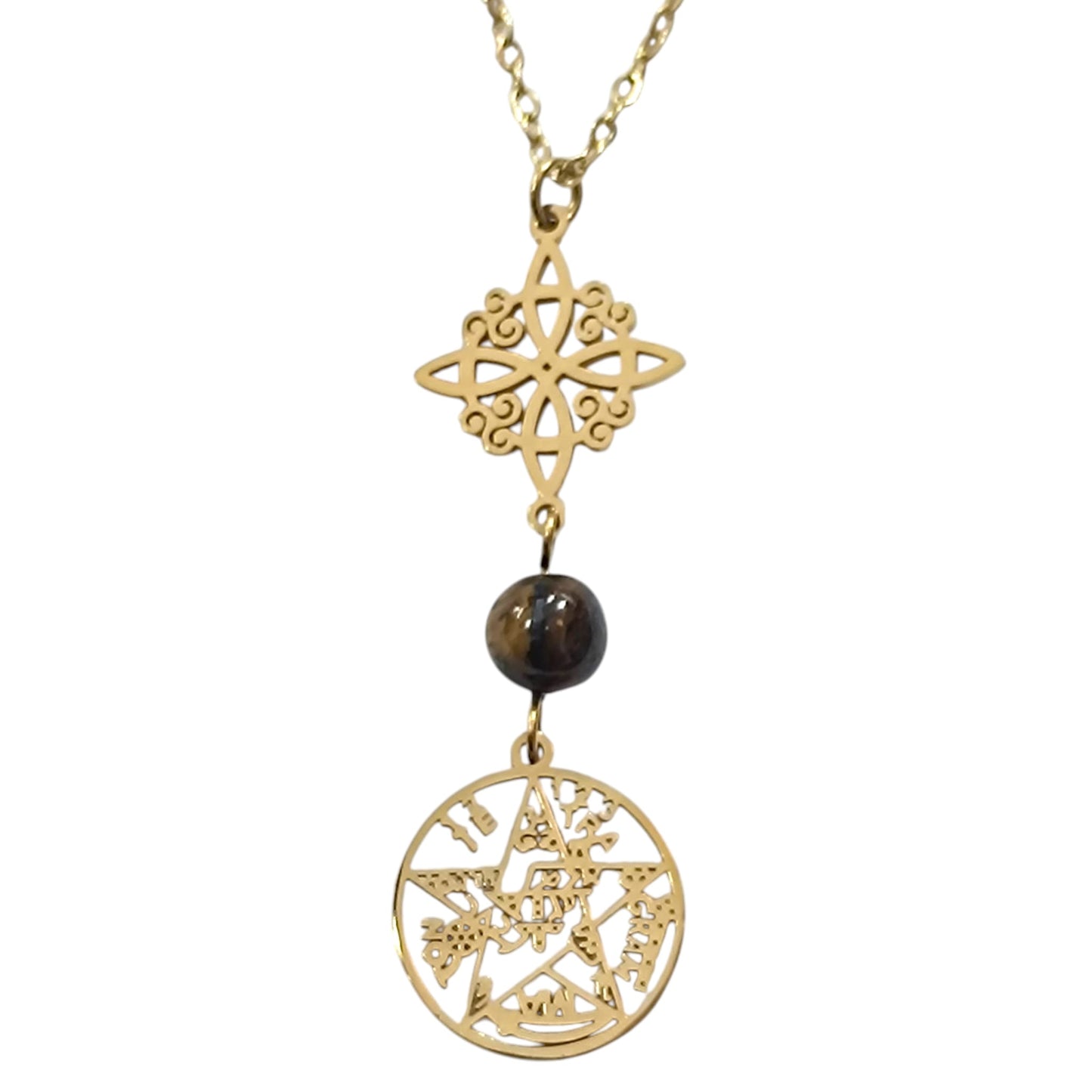 Collar Acero Dorado Doble Proteccion Y Piedra Natural Ojo De Tigre Cadena 40+5 Cms 400503423-06