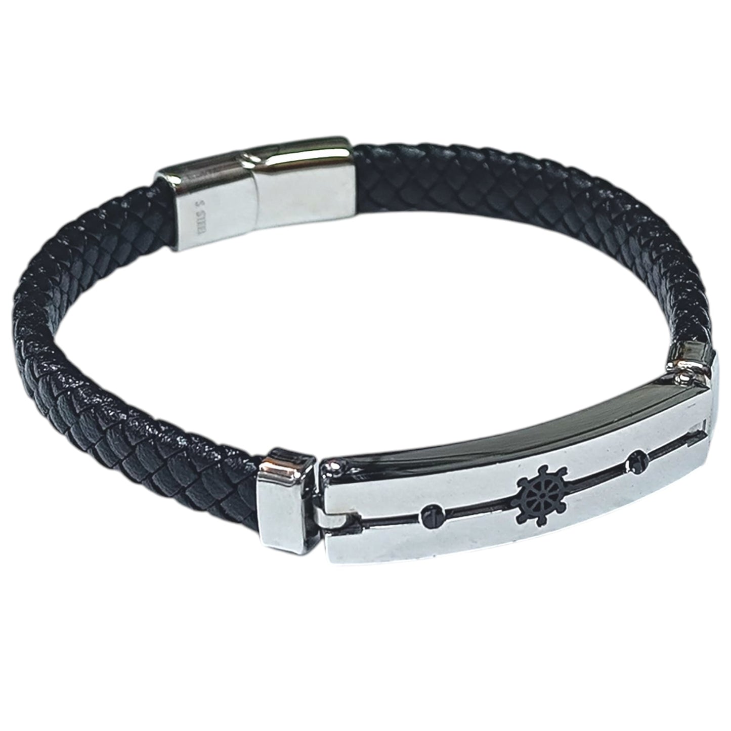 Pulsera Acero Y Cuero Timon Largo 22 Cms Aprox 60438-06
