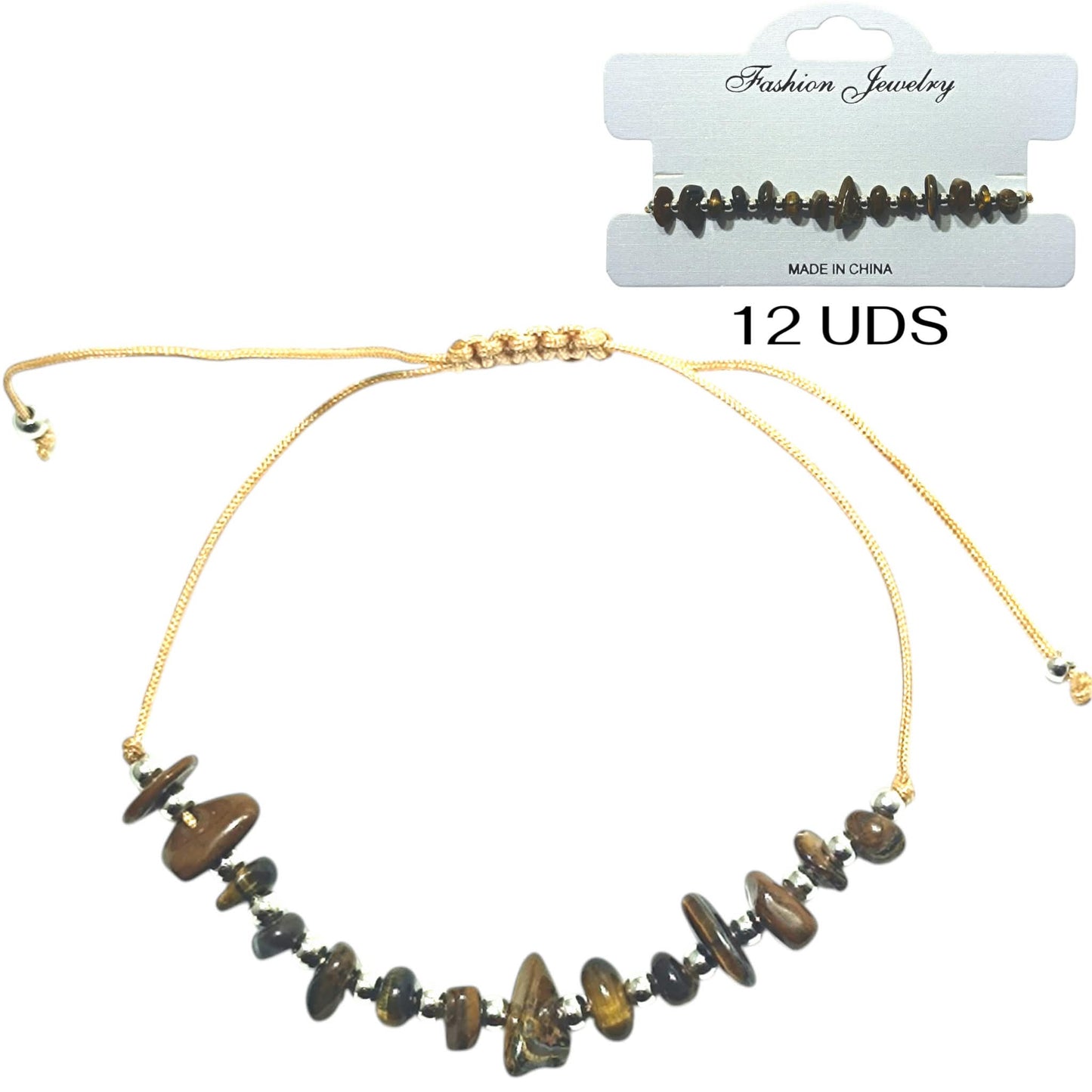 Paquete 12 Pulseras Hilo Con Piedra Ojo De Tigre Chips Y Bolas Acero