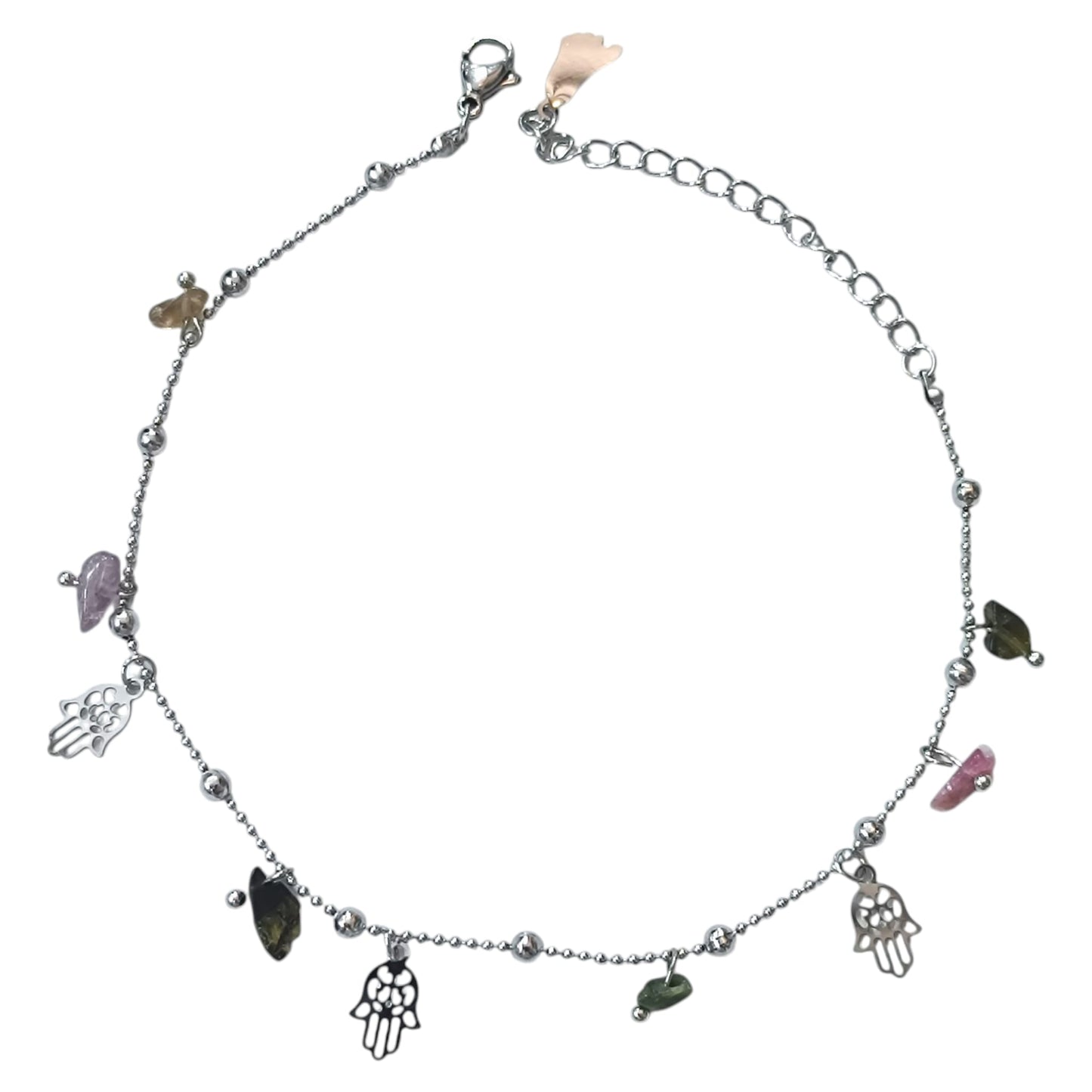 Tobillera Acero Inoxidable Con Dijes Mano De Fatima Y Piedras 61055-03