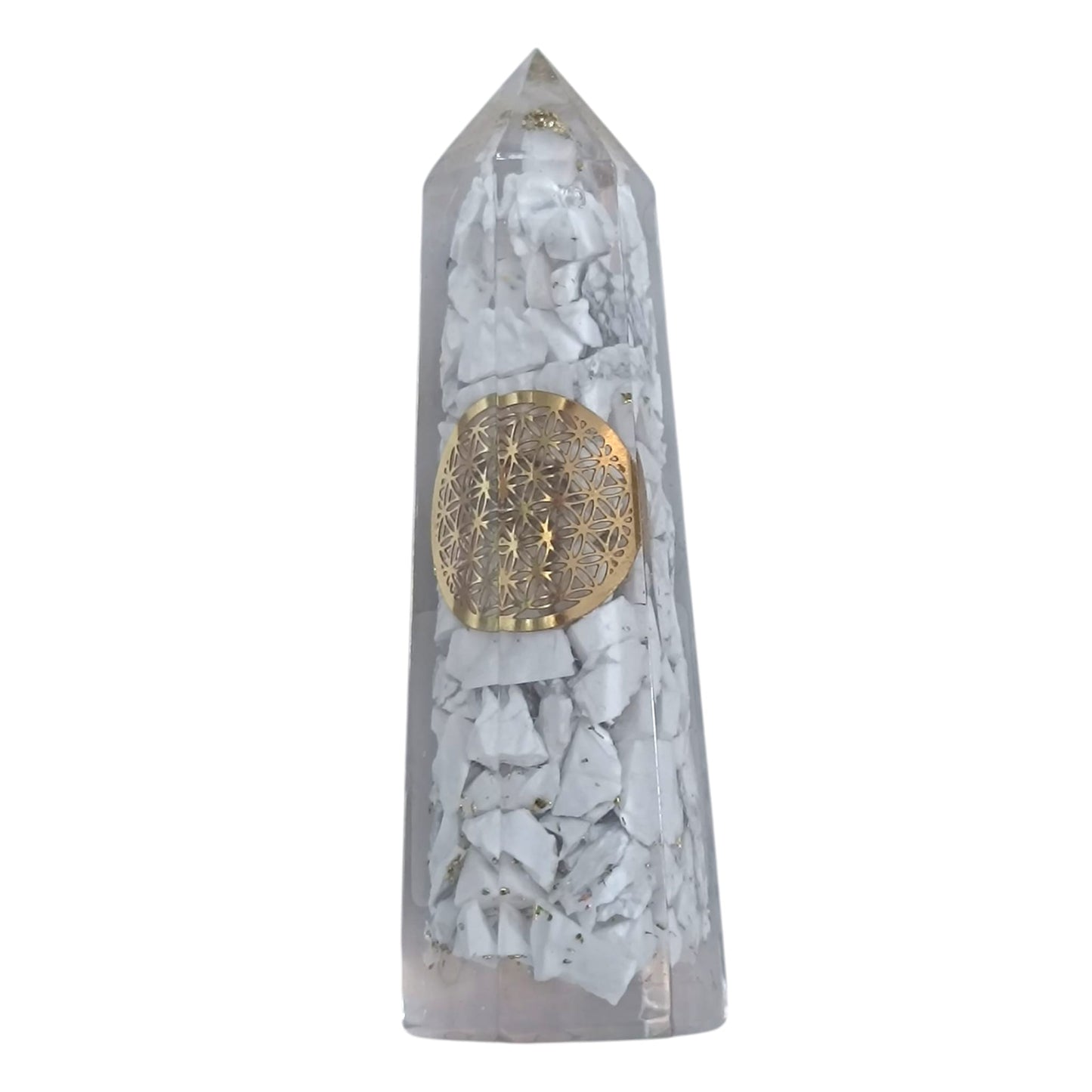 Obelisco Orgonita y Piedras Howlite Dije Flor De La Vida 7,5 Cms Aprox