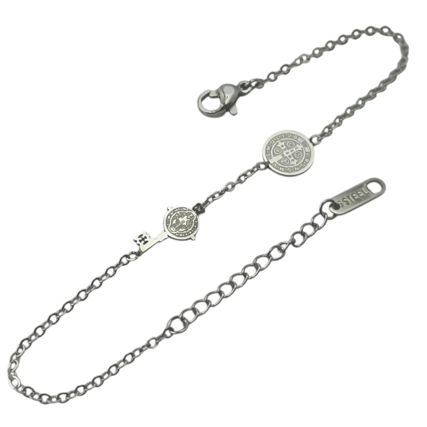 Pulsera Acero Doble Proteccion Con Dije Llave San Benito Y Medalla San Benito 18cms Aprox Ref: 600104456