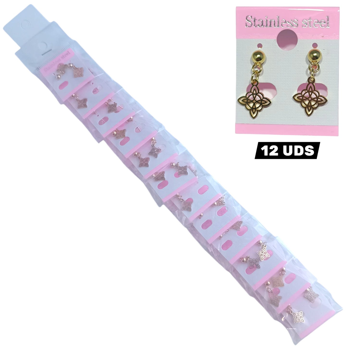 600104135-03 Paquete 12 Pares Pendientes De Acero Dorado Nudo De Brujas