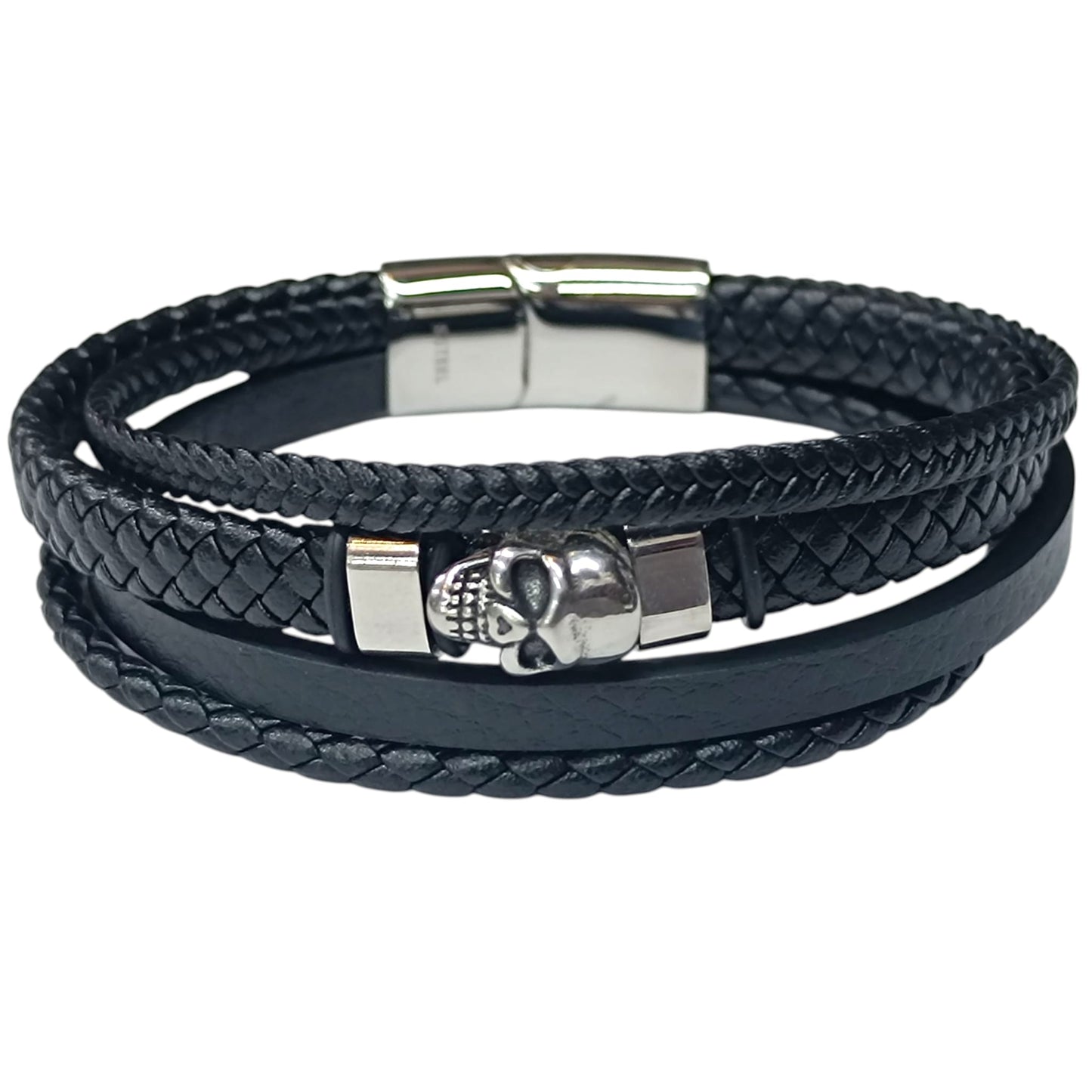 Pulsera Acero Y Cuero Negro Largo 22 Cms Aprox 401104257-35