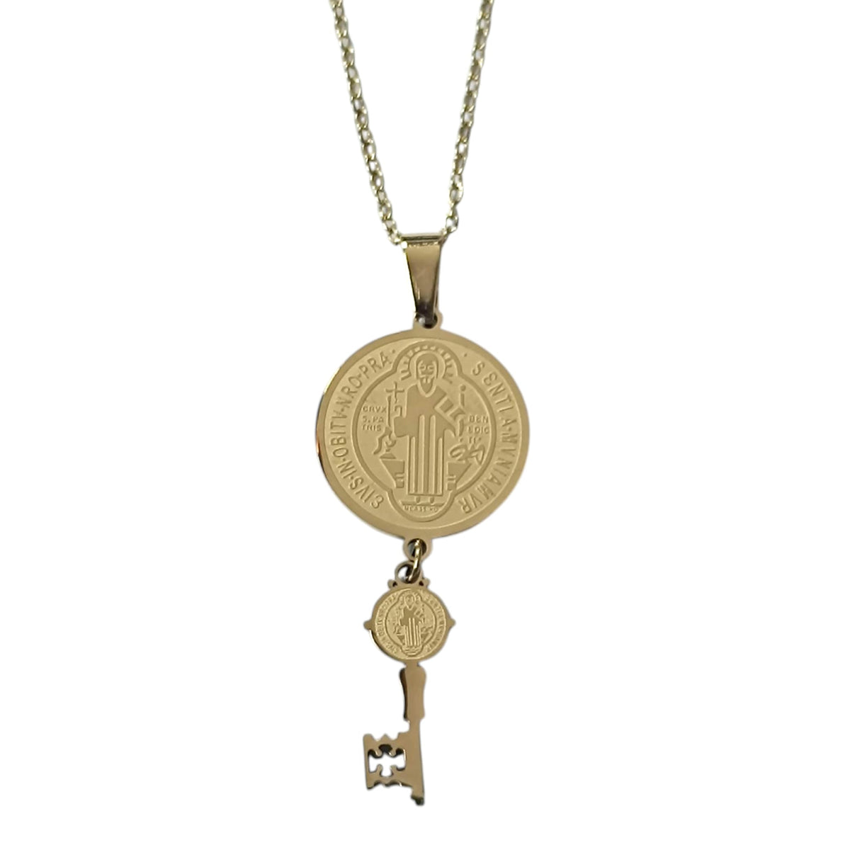 Collar Acero Dorado Doble Proteccion Medalla San Benito - Llave San Benito 45 mm Largo Cadena 42+5 Cms REF: 600104413