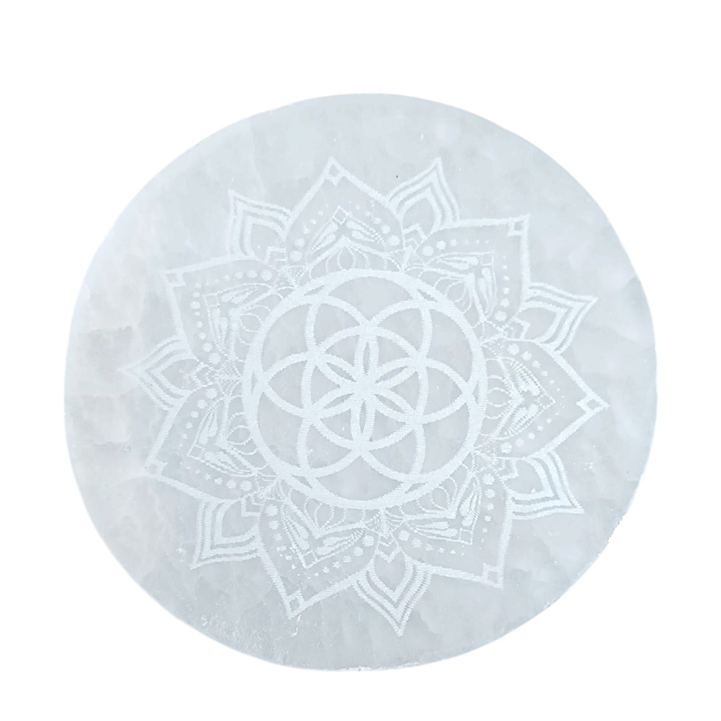Plato Selenita Grabado Flor Vida Y Mandala 10 Cms Aprox 401204168